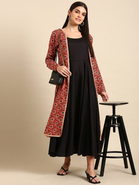 Designer rayon kurti with cotton printed jacket