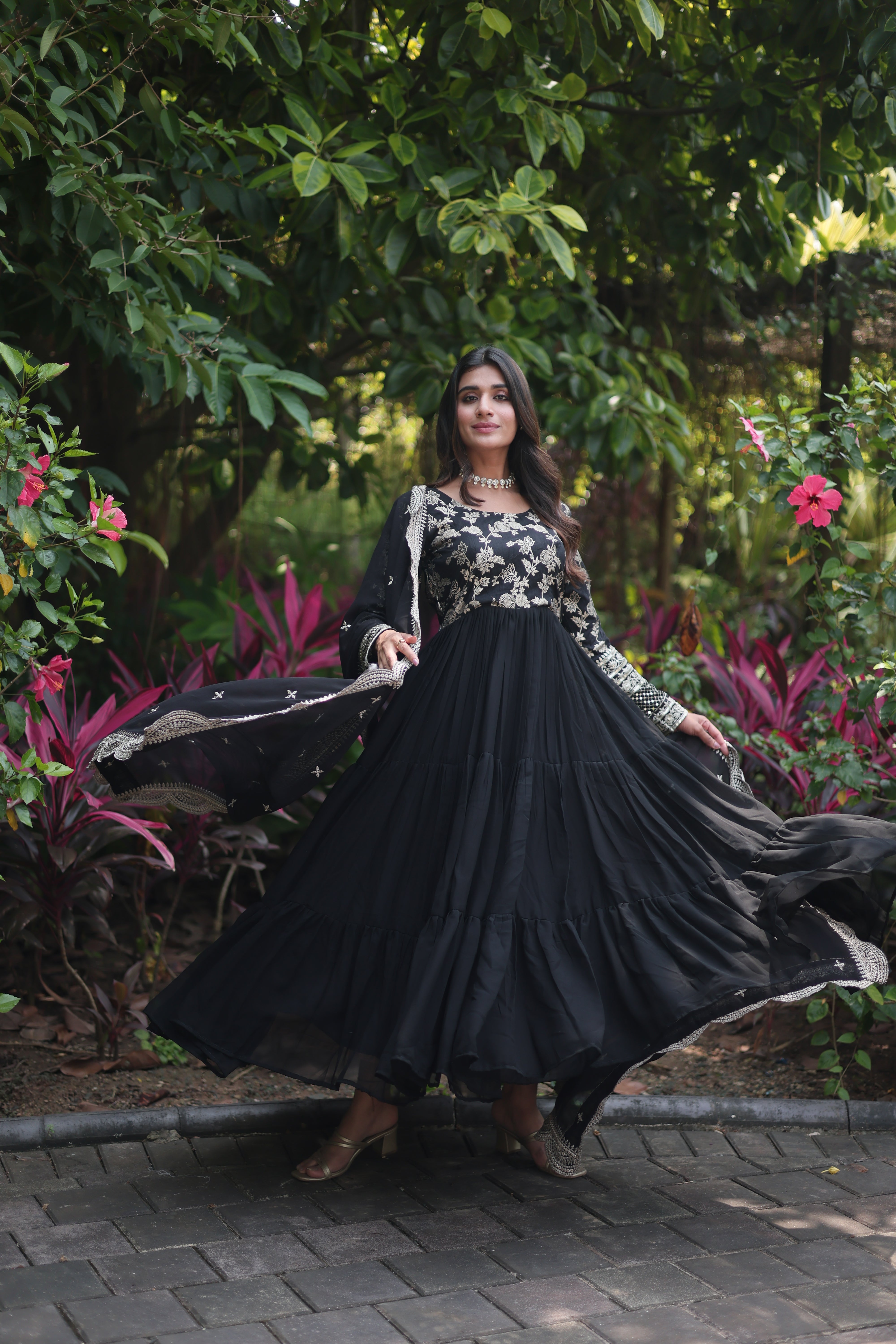 Faux Blooming  Embroidered Cut-Work Gown With Dupatta Sets