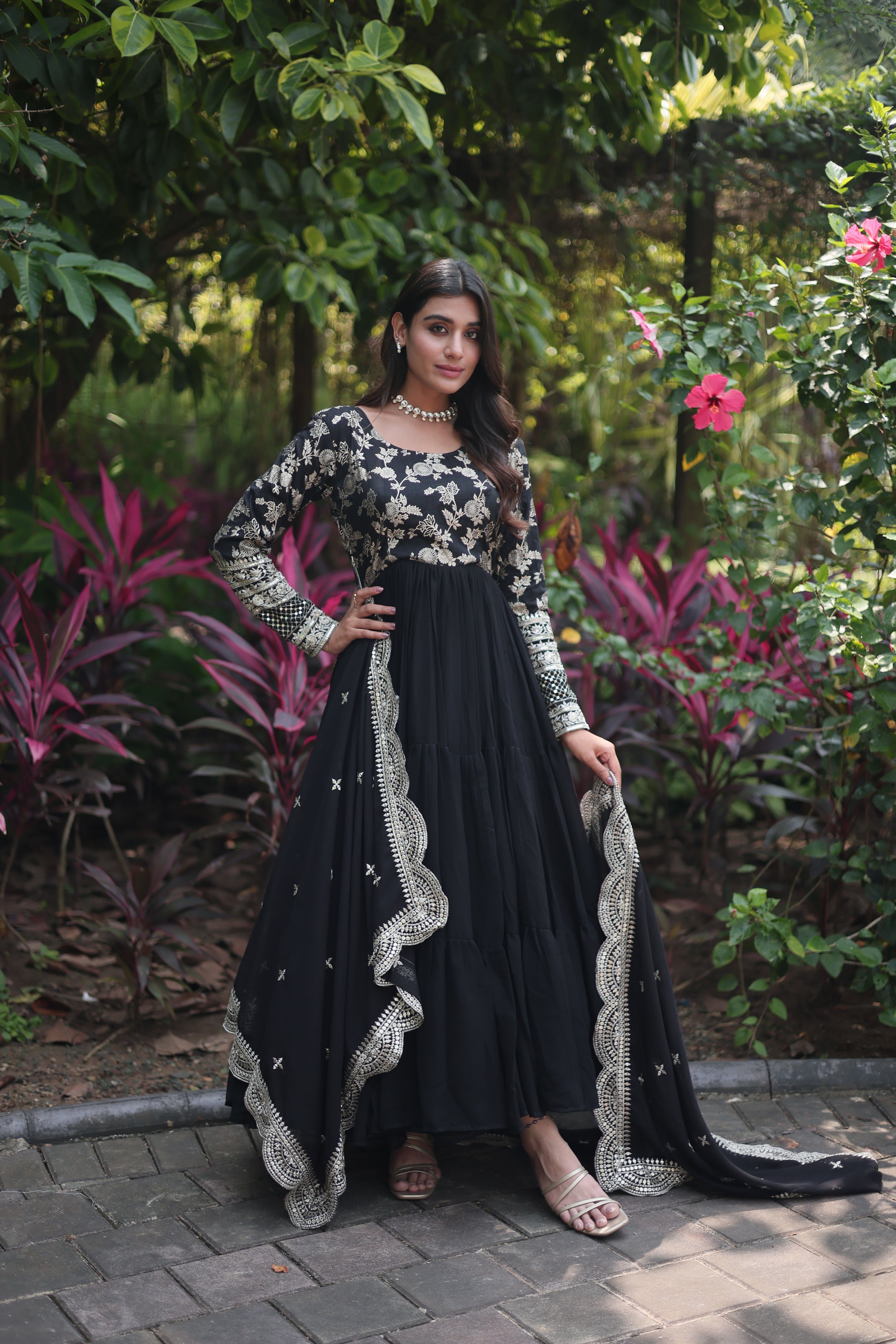 Faux Blooming  Embroidered Cut-Work Gown With Dupatta Sets