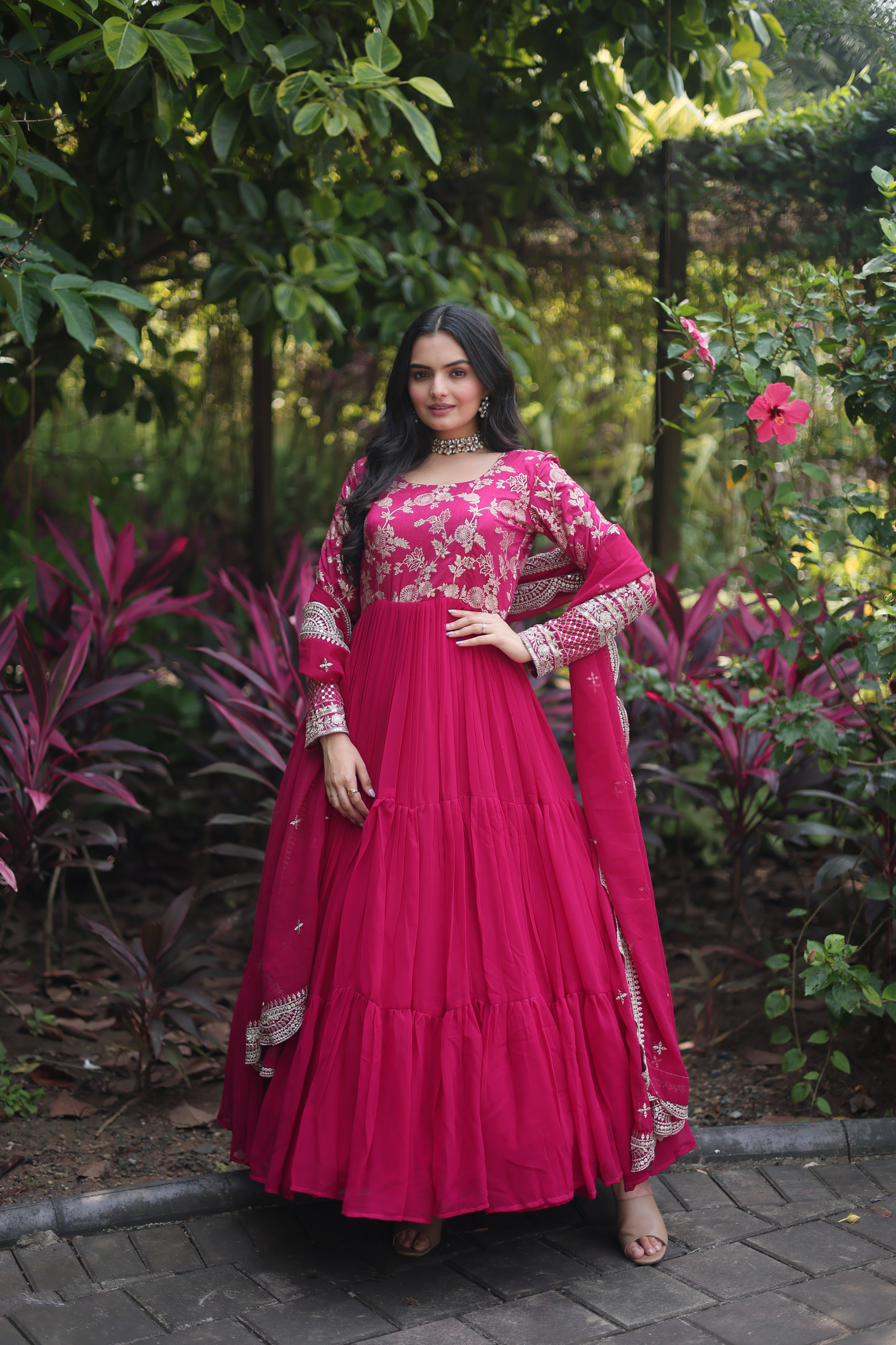 Pink Faux Blooming  Embroidered Cut-Work Gown With Dupatta Set