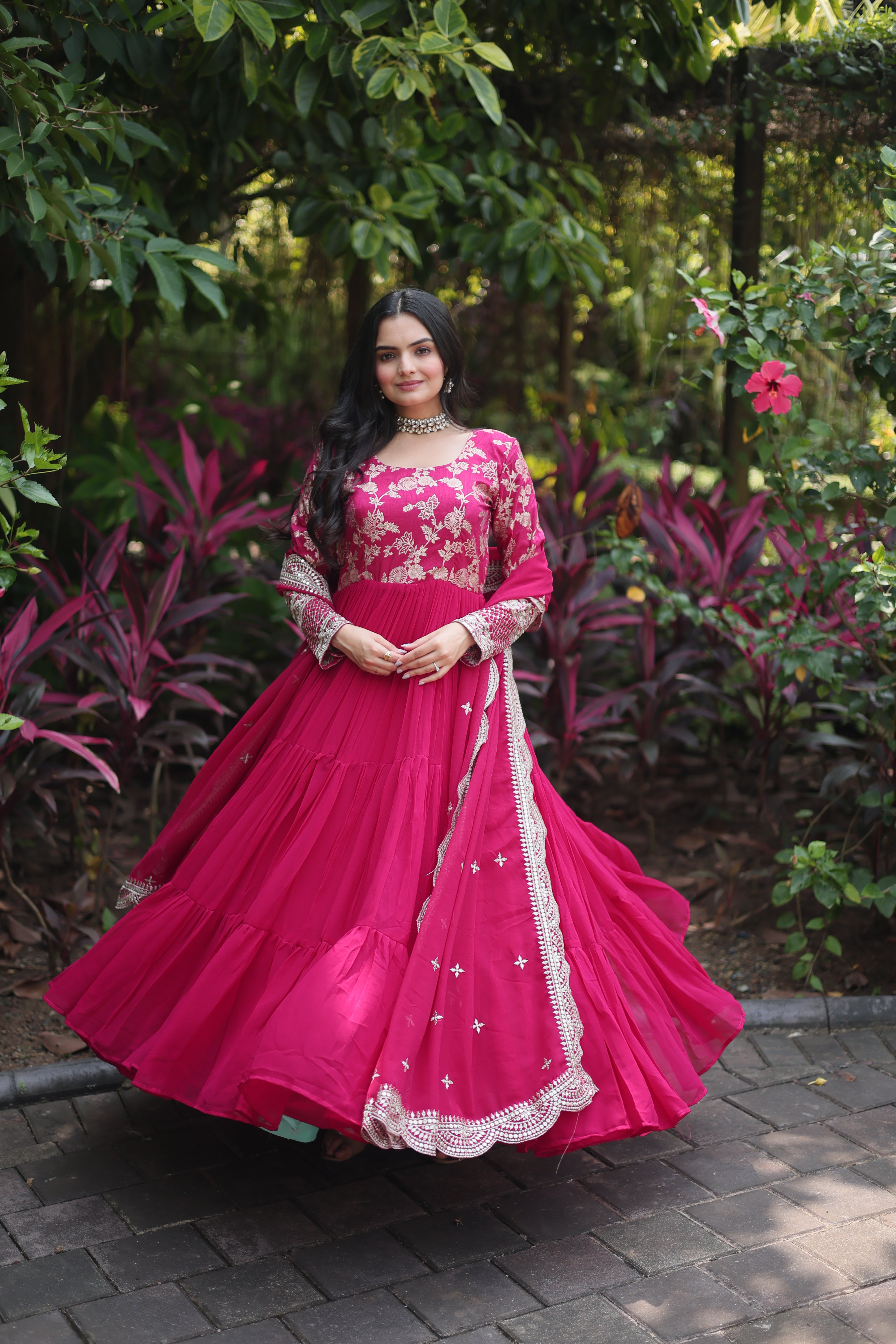 Pink Faux Blooming  Embroidered Cut-Work Gown With Dupatta Set