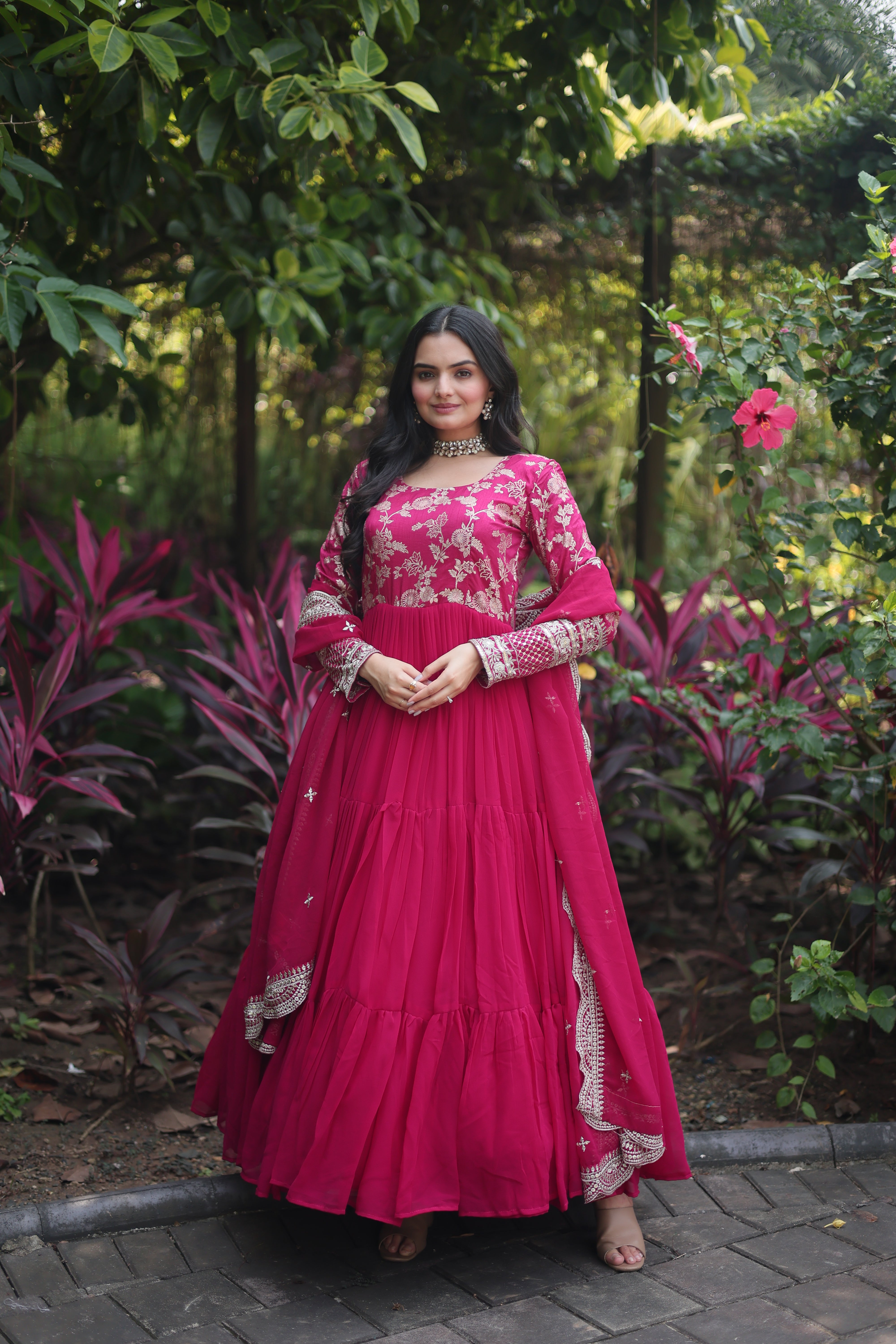 Pink Faux Blooming  Embroidered Cut-Work Gown With Dupatta Set