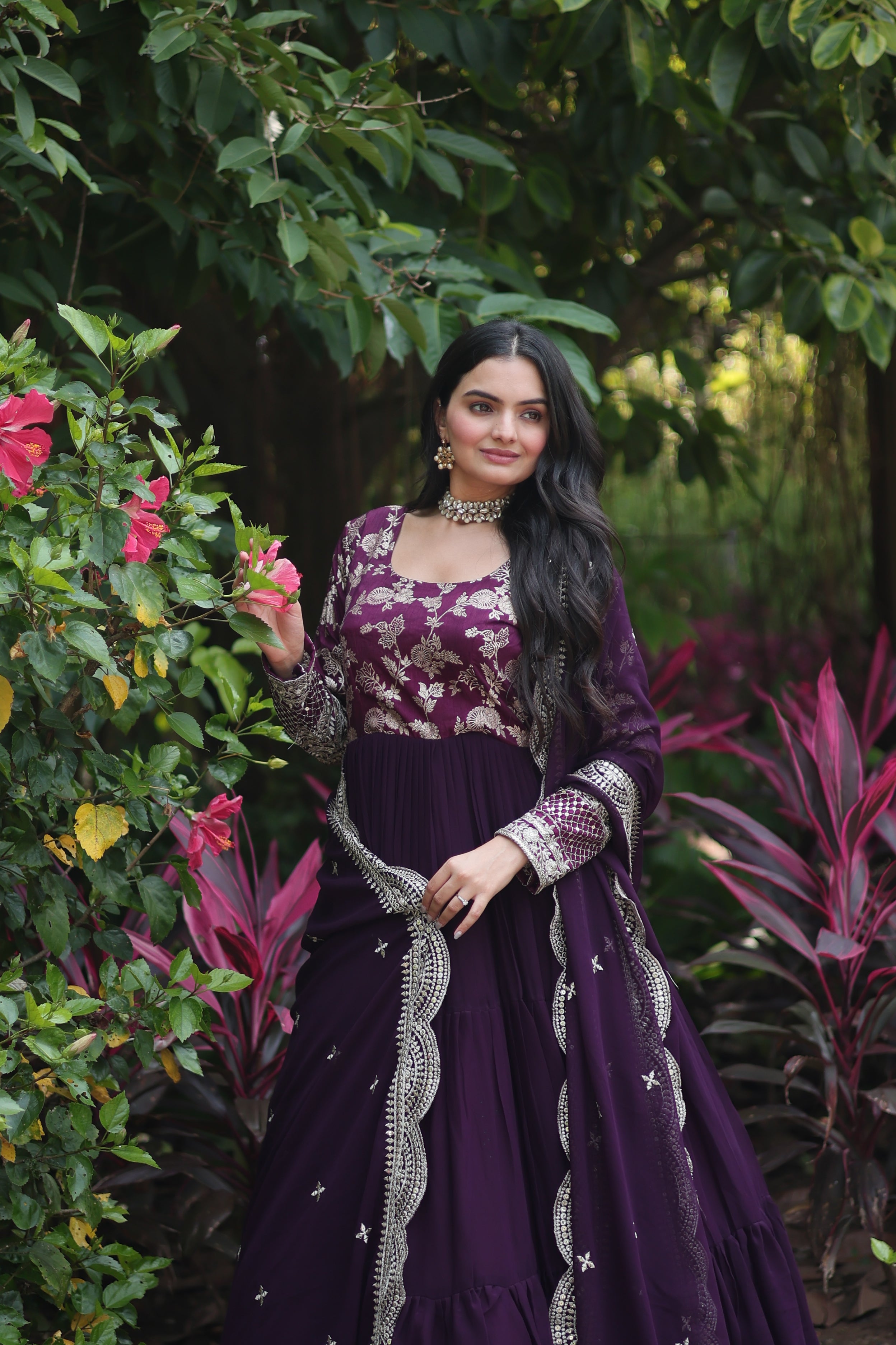 Wine Faux Blooming  Embroidered Cut-Work Gown With Dupatta Set