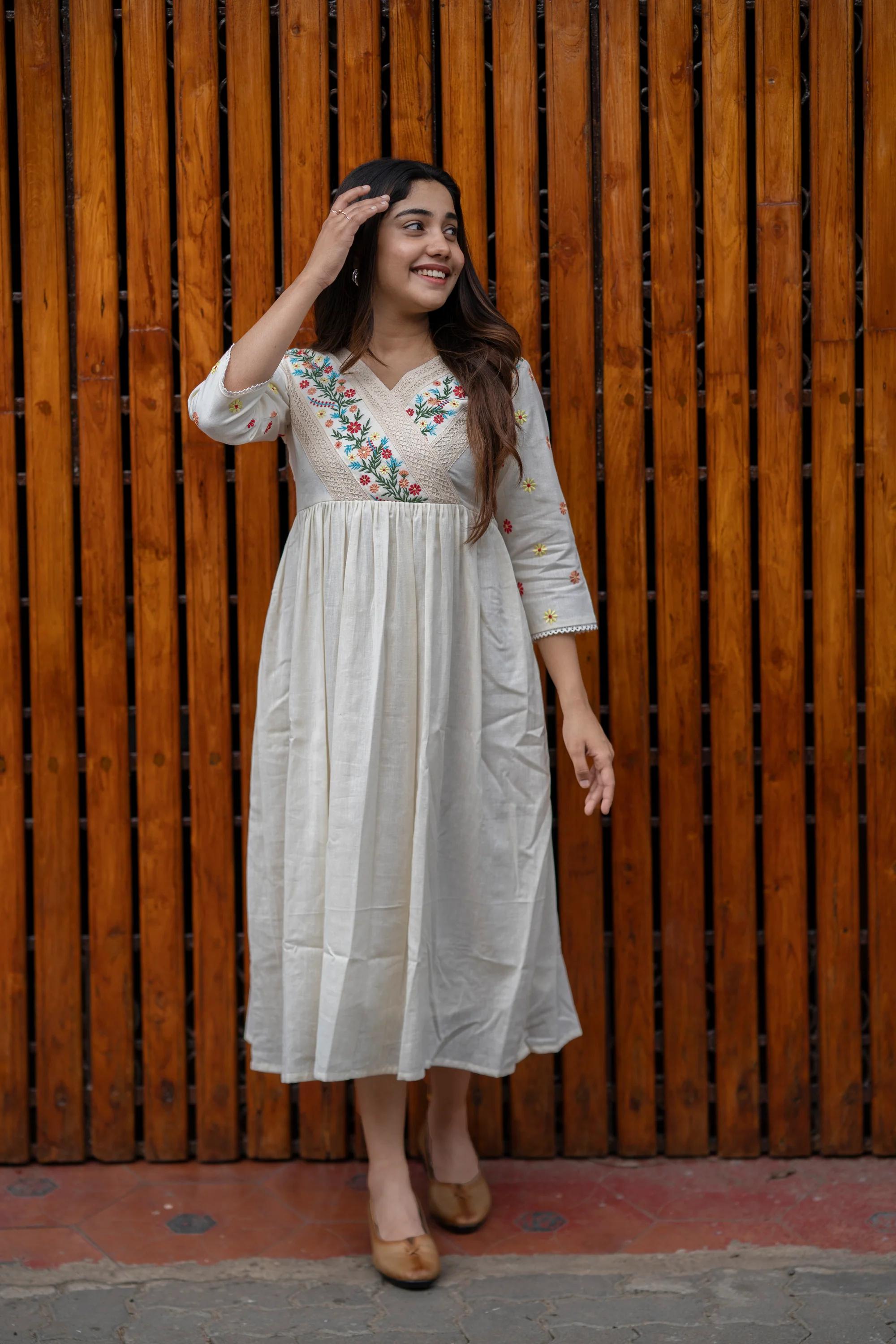 White Cotton gown full embroidered designer kurti