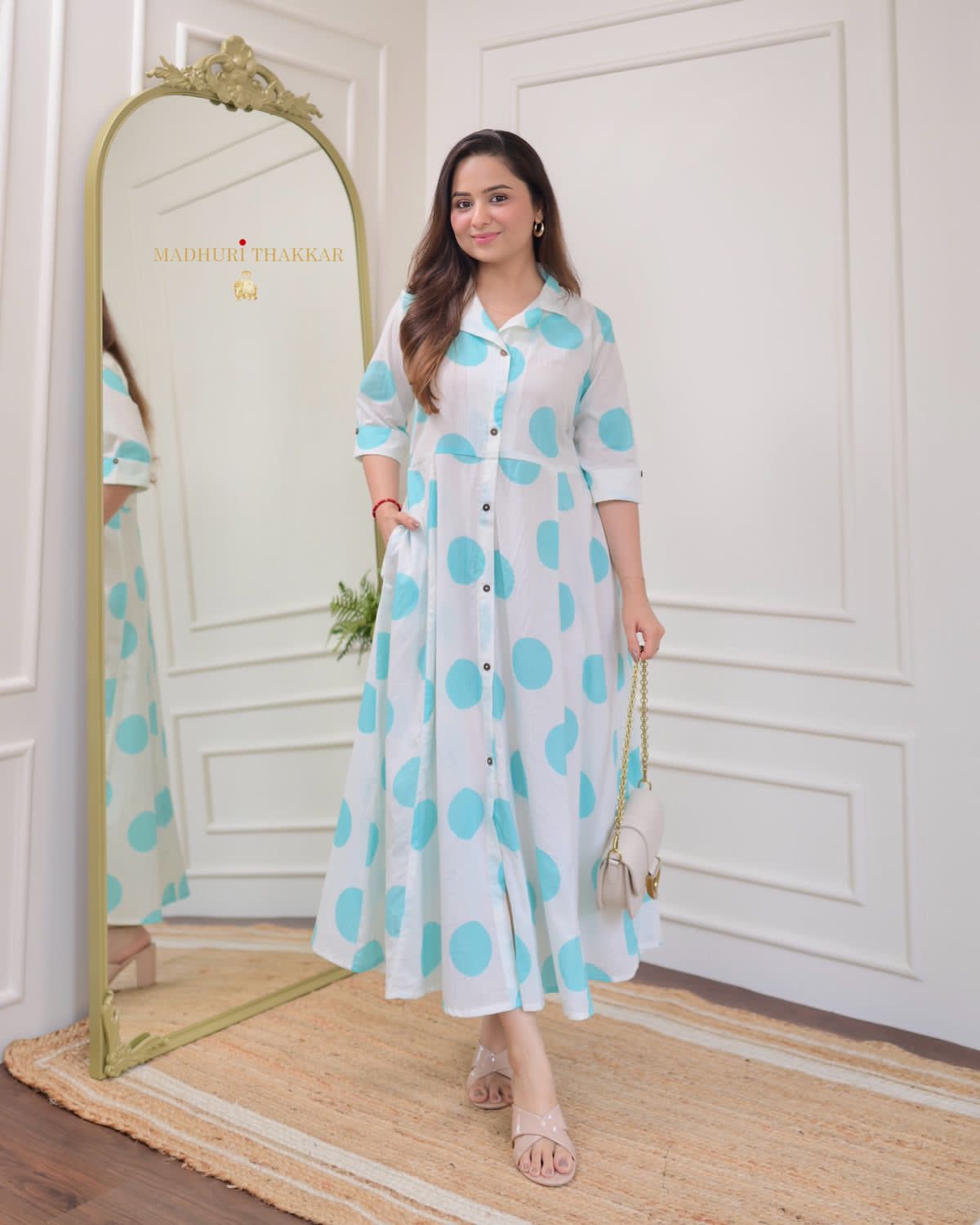 Women Polka Dots Cotton A Line kurti