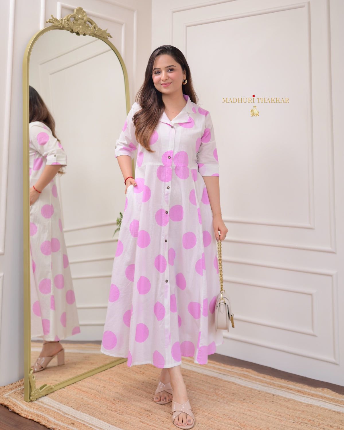 Women Polka Dots Cotton A Line kurti