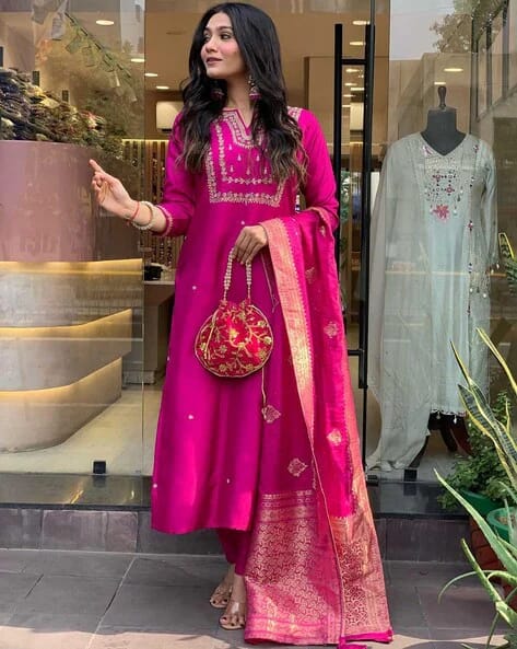Women's Straight Heavy Embroidery Worked Kurta Pant and Dupatta set