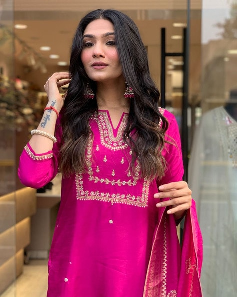 Women's Straight Heavy Embroidery Worked Kurta Pant and Dupatta set