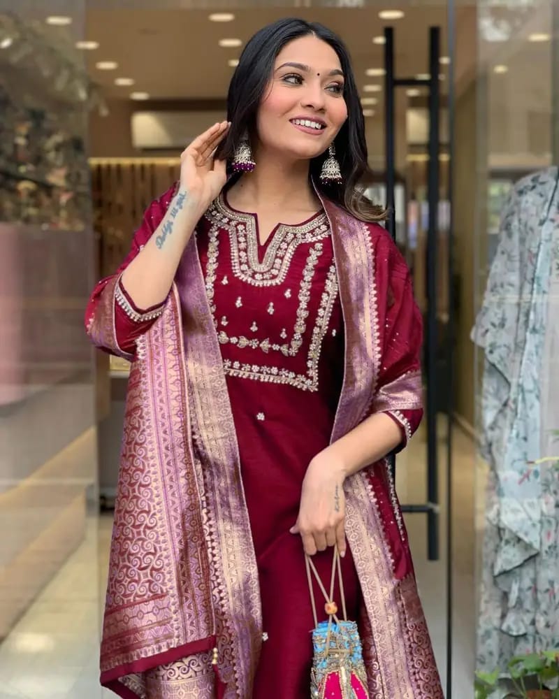 Women's Straight Heavy Embroidery Worked Kurta Pant and Dupatta set