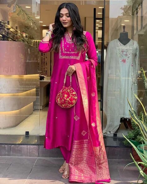 Women's Straight Heavy Embroidery Worked Kurta Pant and Dupatta set
