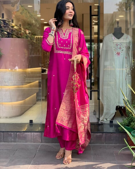 Women's Straight Heavy Embroidery Worked Kurta Pant and Dupatta set