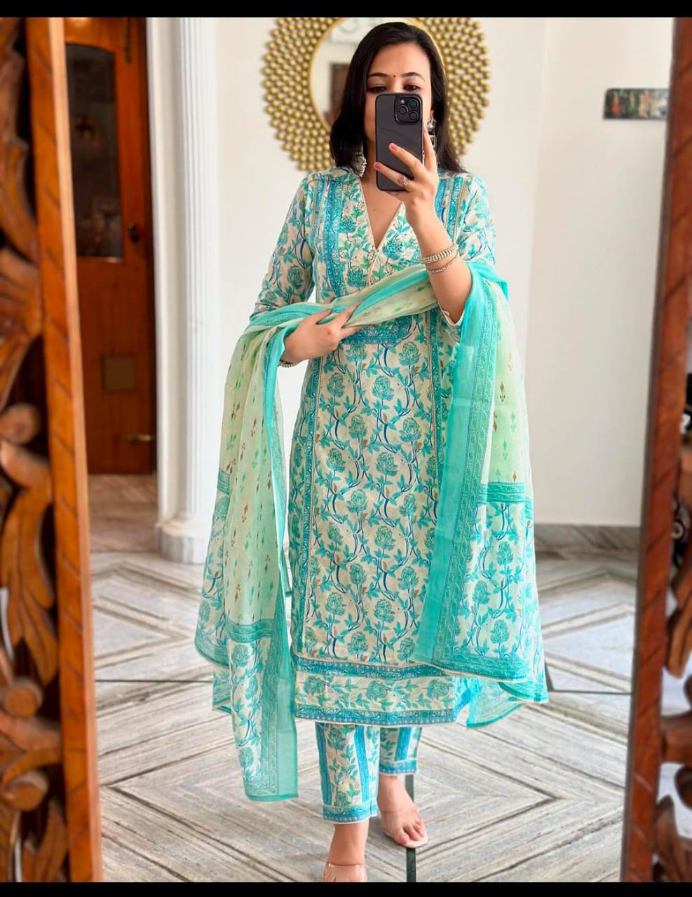 Women's Cotton Kurti with Floral Print,Anarkali 3pc set