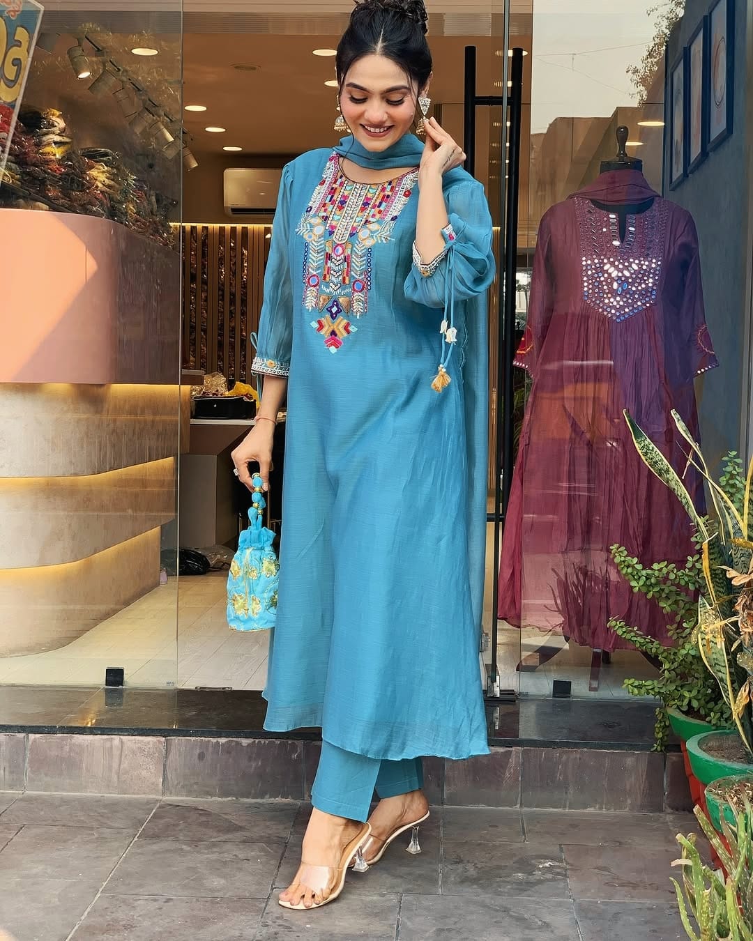 Embroidered Chanderi Suit Set with Dupatta
