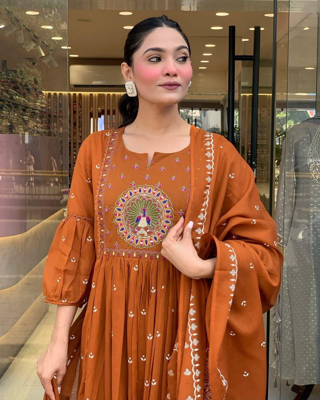 Cotton Anarkali Suit Set with Dupatta – Embroidered & Printed