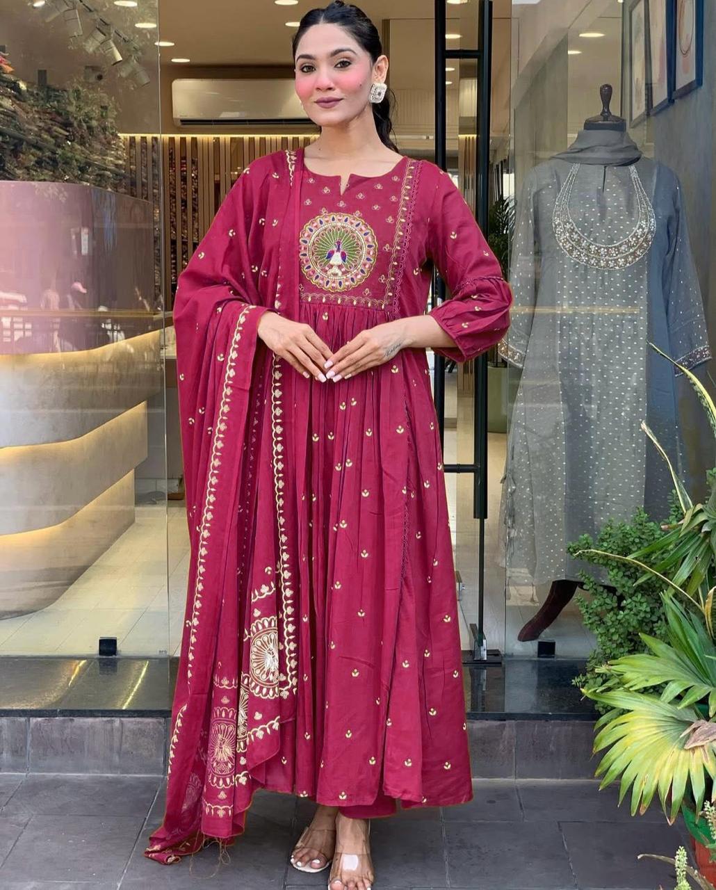 Cotton Anarkali Suit Set with Dupatta – Embroidered & Printed