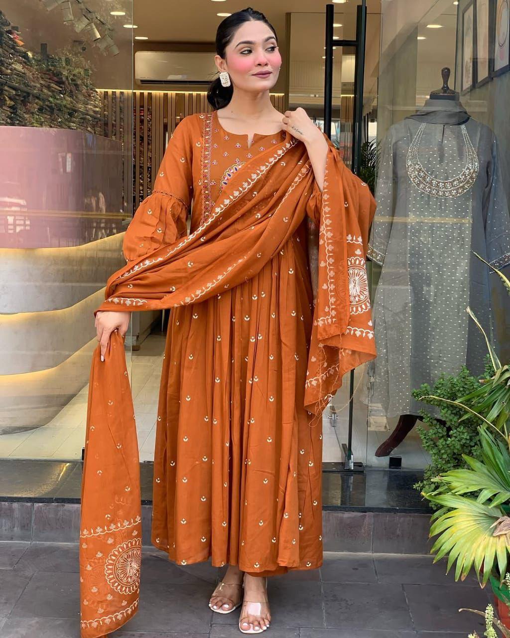 Cotton Anarkali Suit Set with Dupatta – Embroidered & Printed