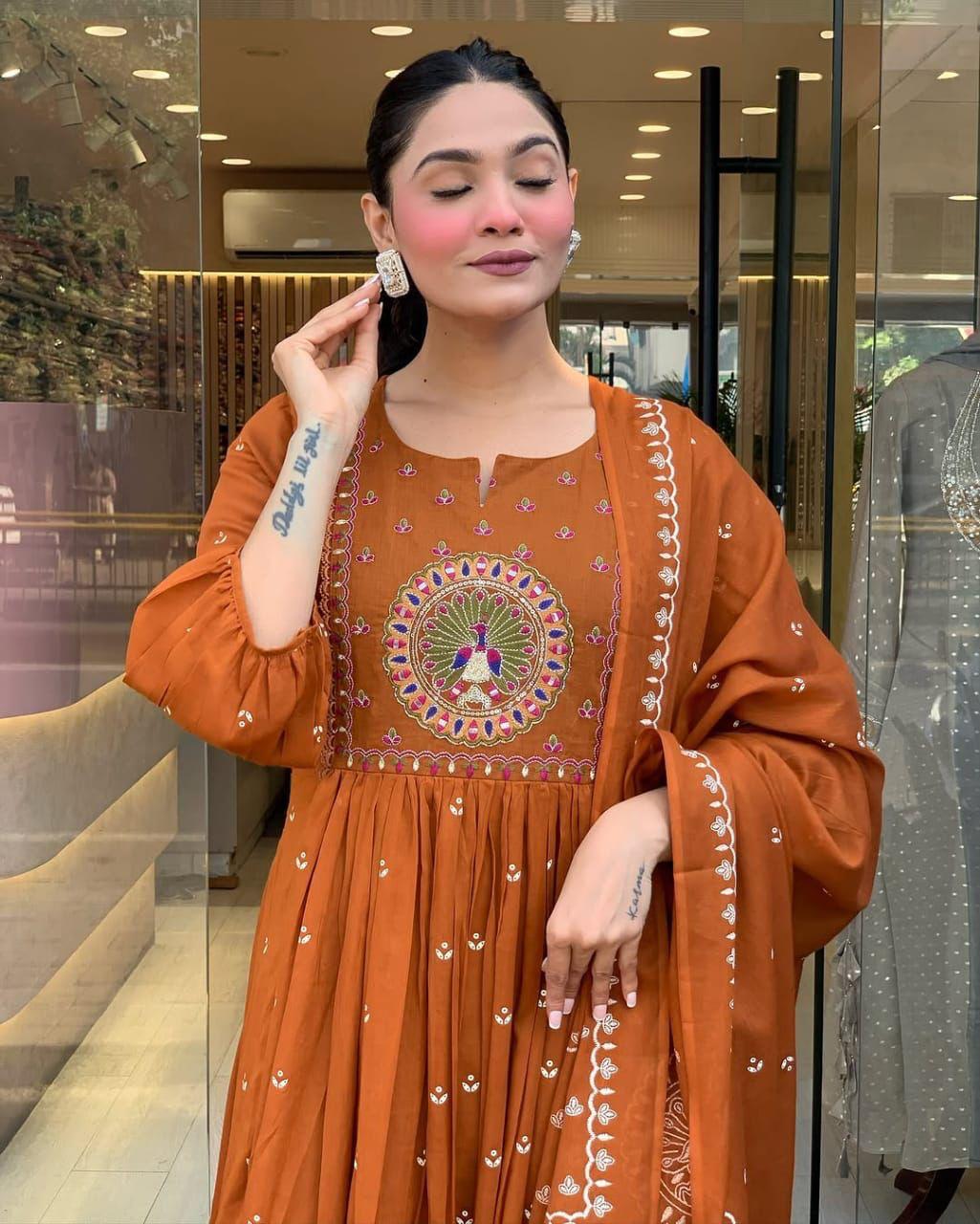 Cotton Anarkali Suit Set with Dupatta – Embroidered & Printed