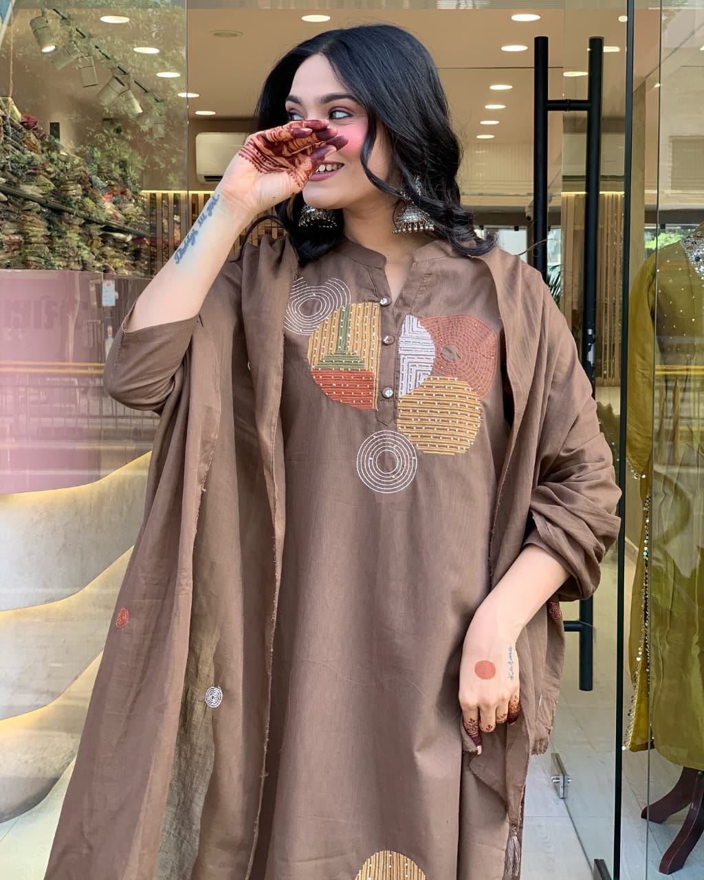 Women cotton hand embroidered kurta pant with dupatta set
