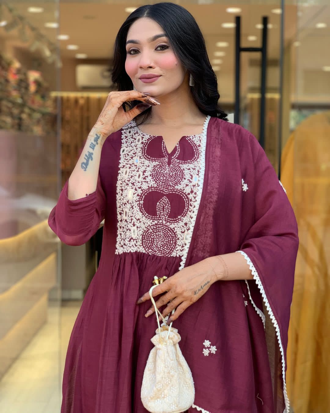 Cotton anarkali kurta set with embroidery and printed mulmul dupatta