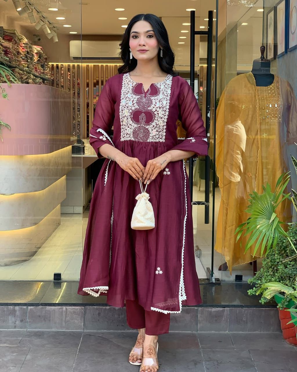 Cotton anarkali kurta set with embroidery and printed mulmul dupatta