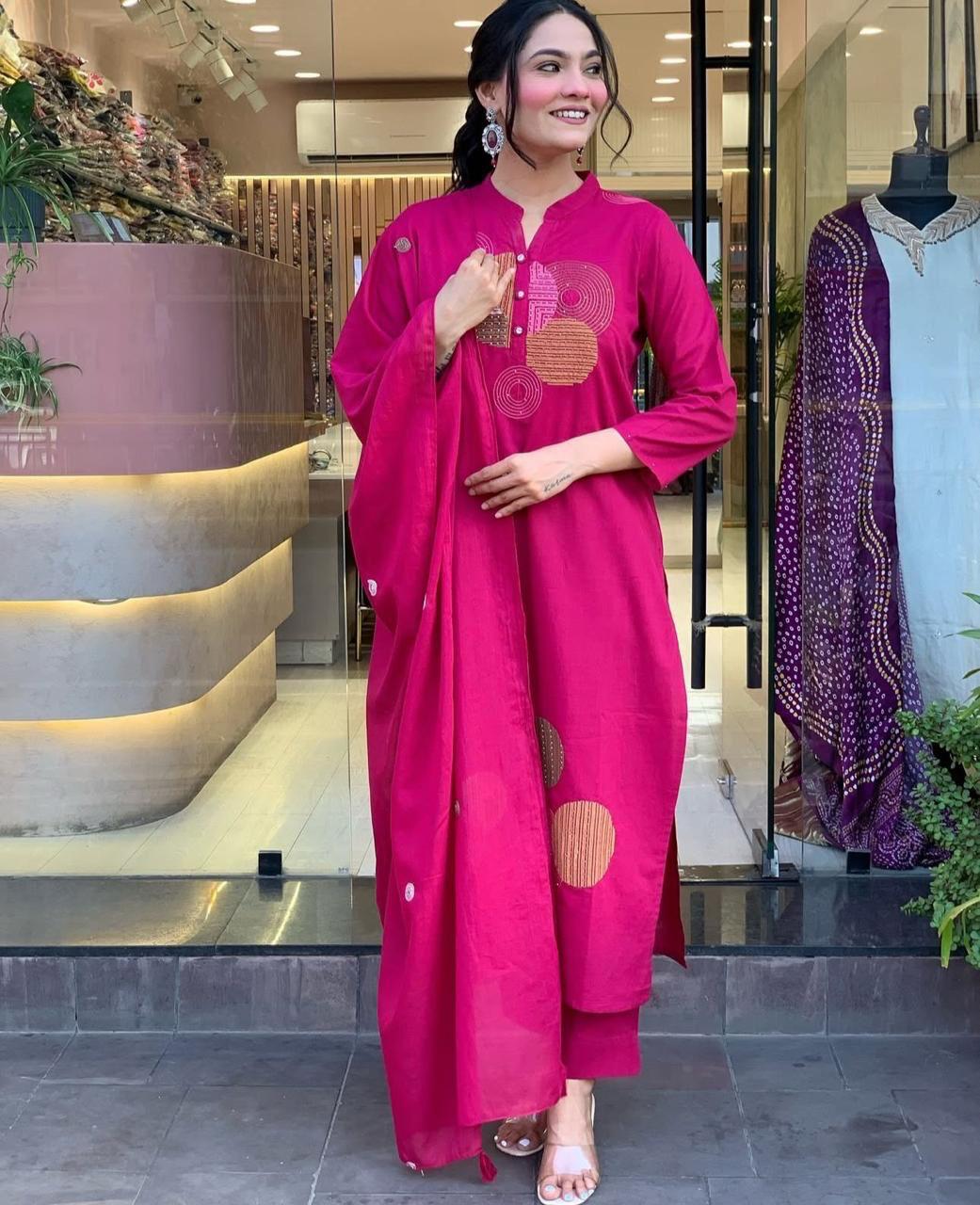 Women cotton hand embroidered kurta pant with dupatta set