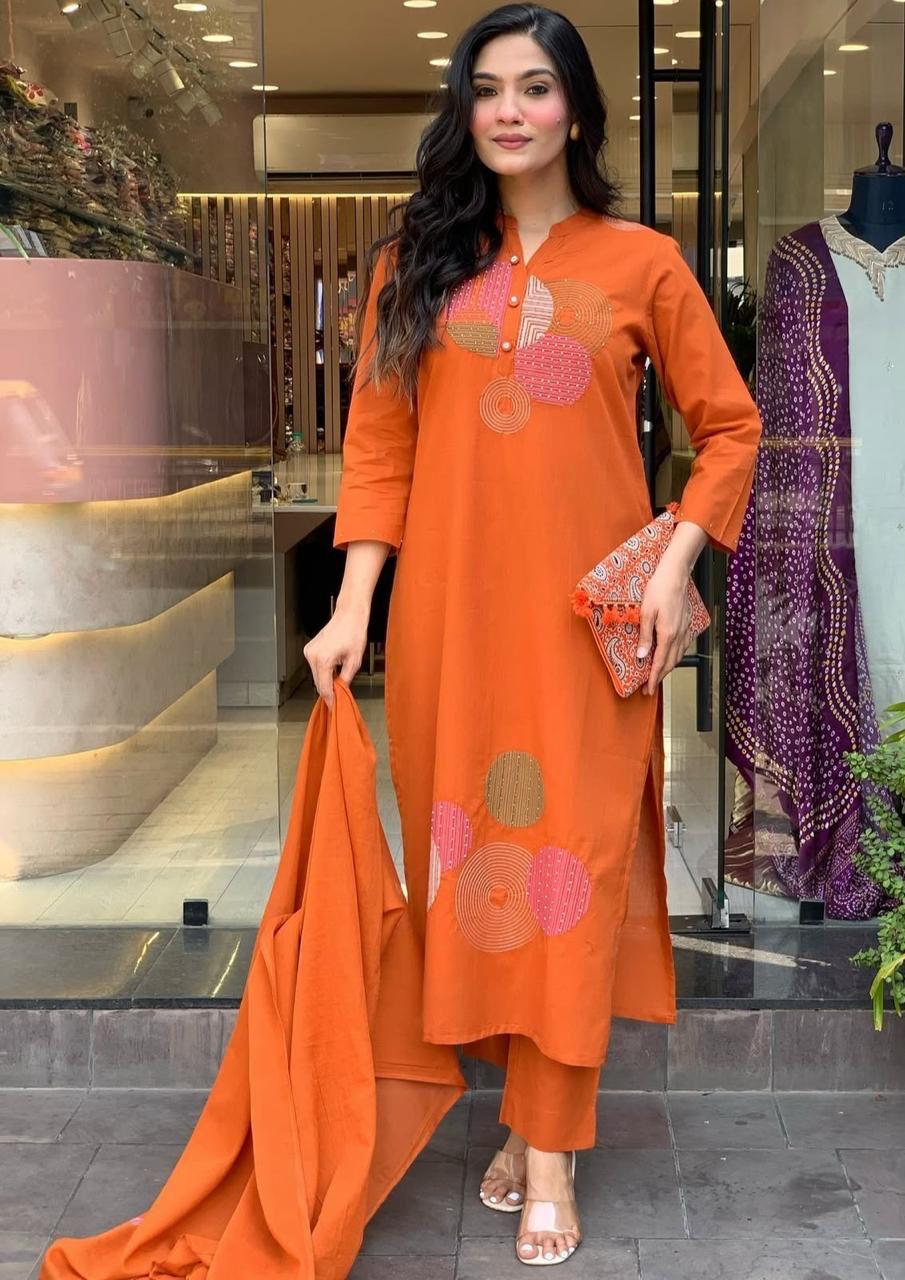 Women cotton hand embroidered kurta pant with dupatta set