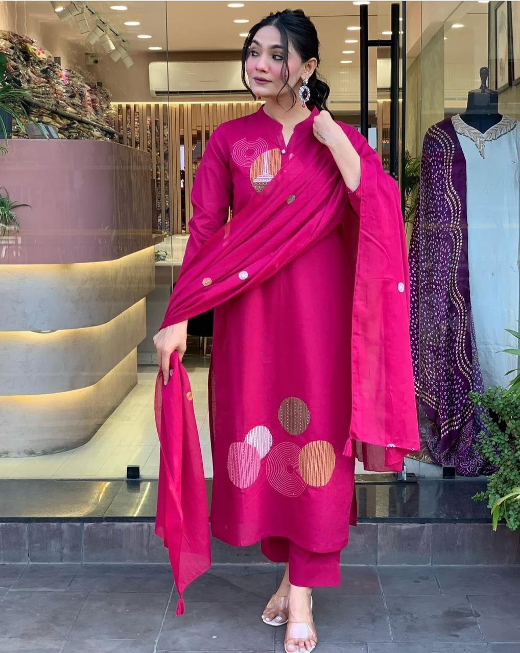 Women cotton hand embroidered kurta pant with dupatta set