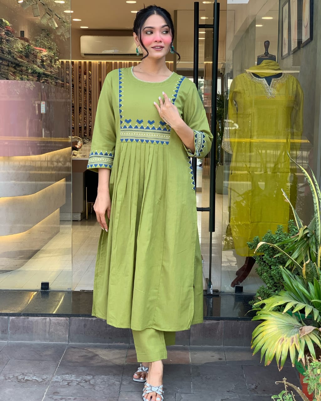 Designer pure cotton a line kurta pant set