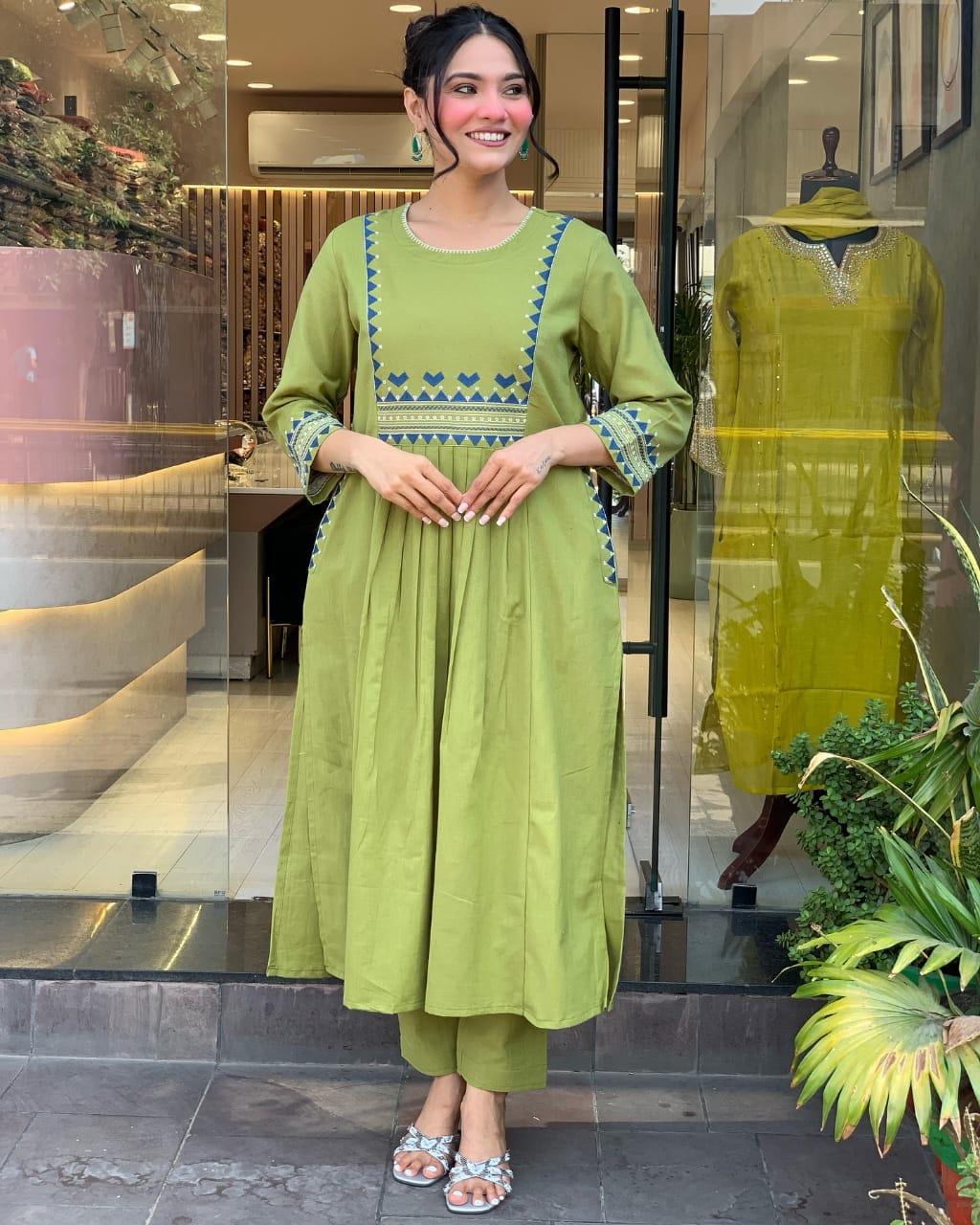 Designer pure cotton a line kurta pant set