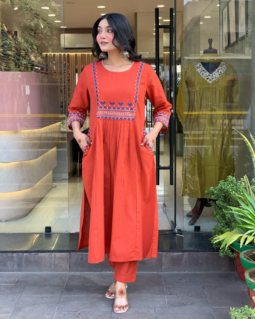 Designer pure cotton a line kurta pant set