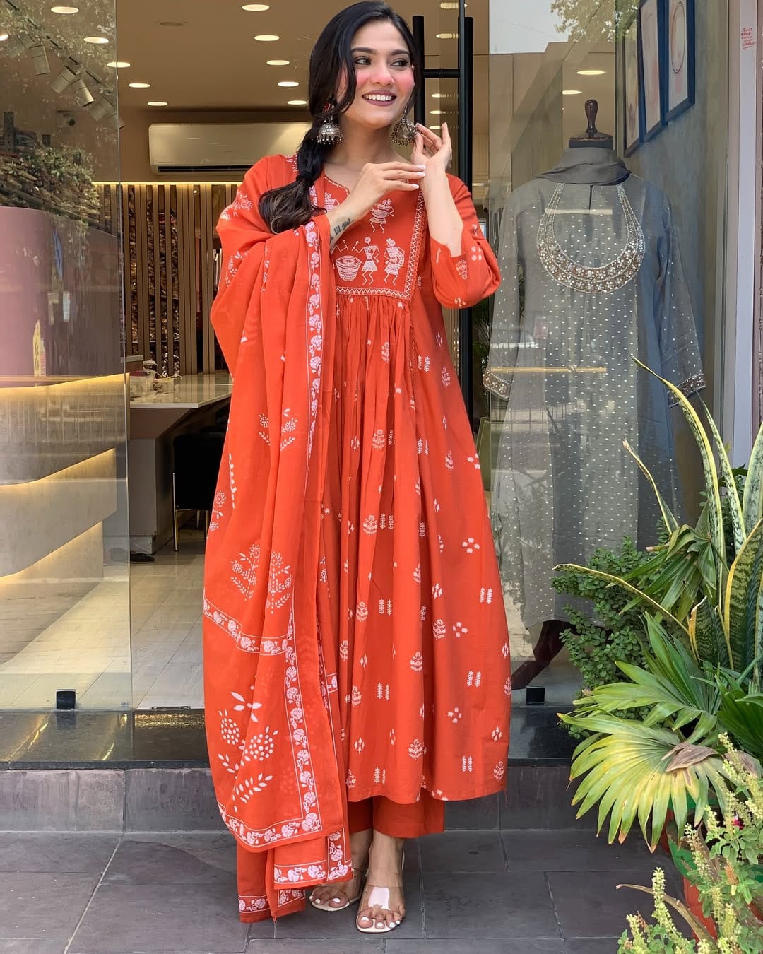 Orange Ethnic Anarkali Kurta Pant with Dupatta Set