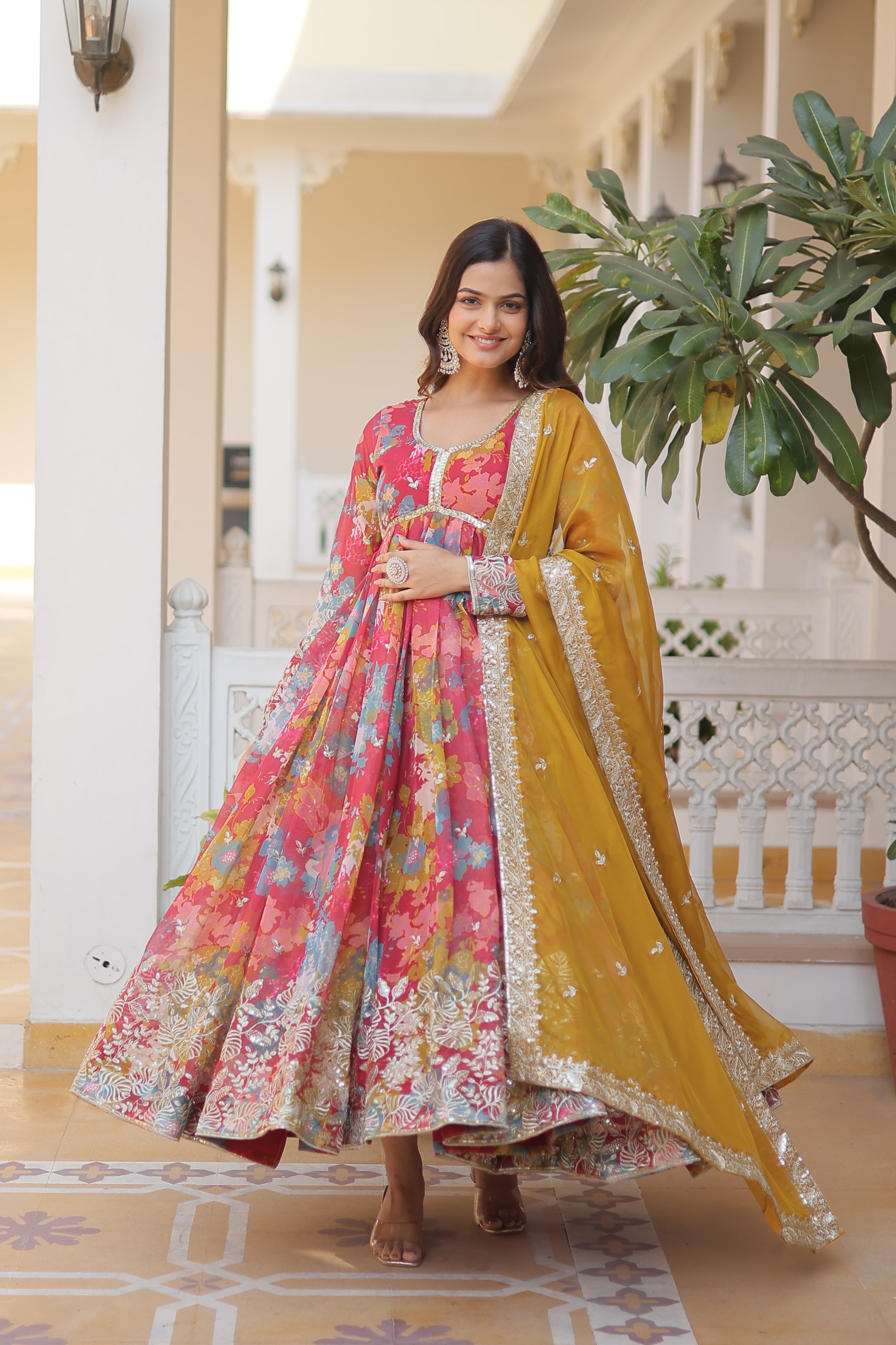 Premium Readymade Red Alia Cut Gown With Dupatta Set
