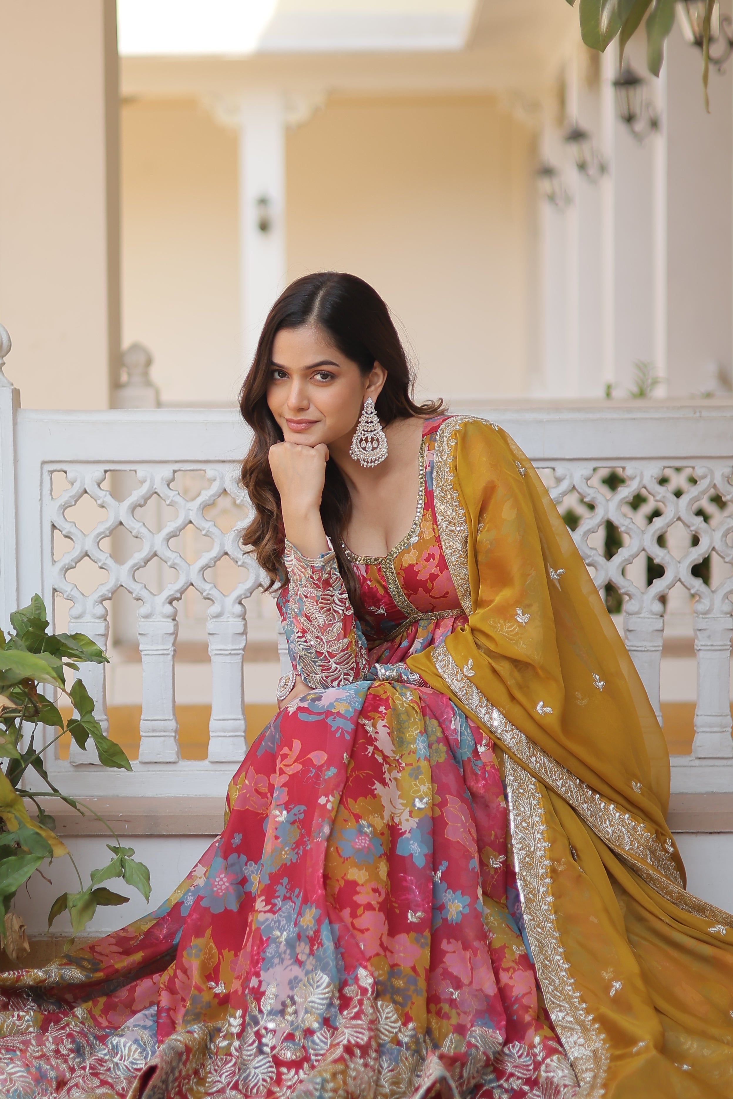 Premium Readymade Red Alia Cut Gown With Dupatta Set
