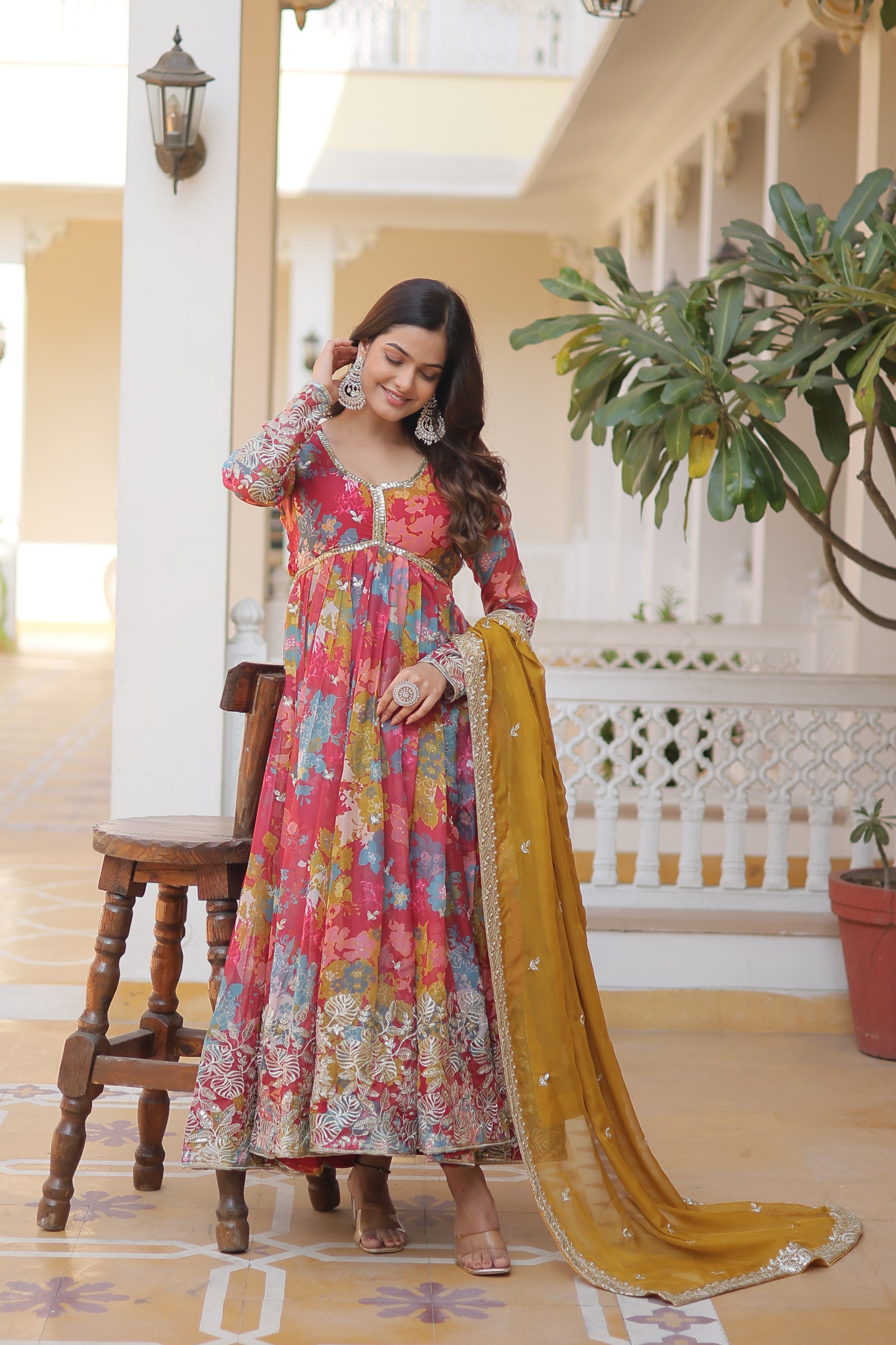 Premium Readymade Red Alia Cut Gown With Dupatta Set