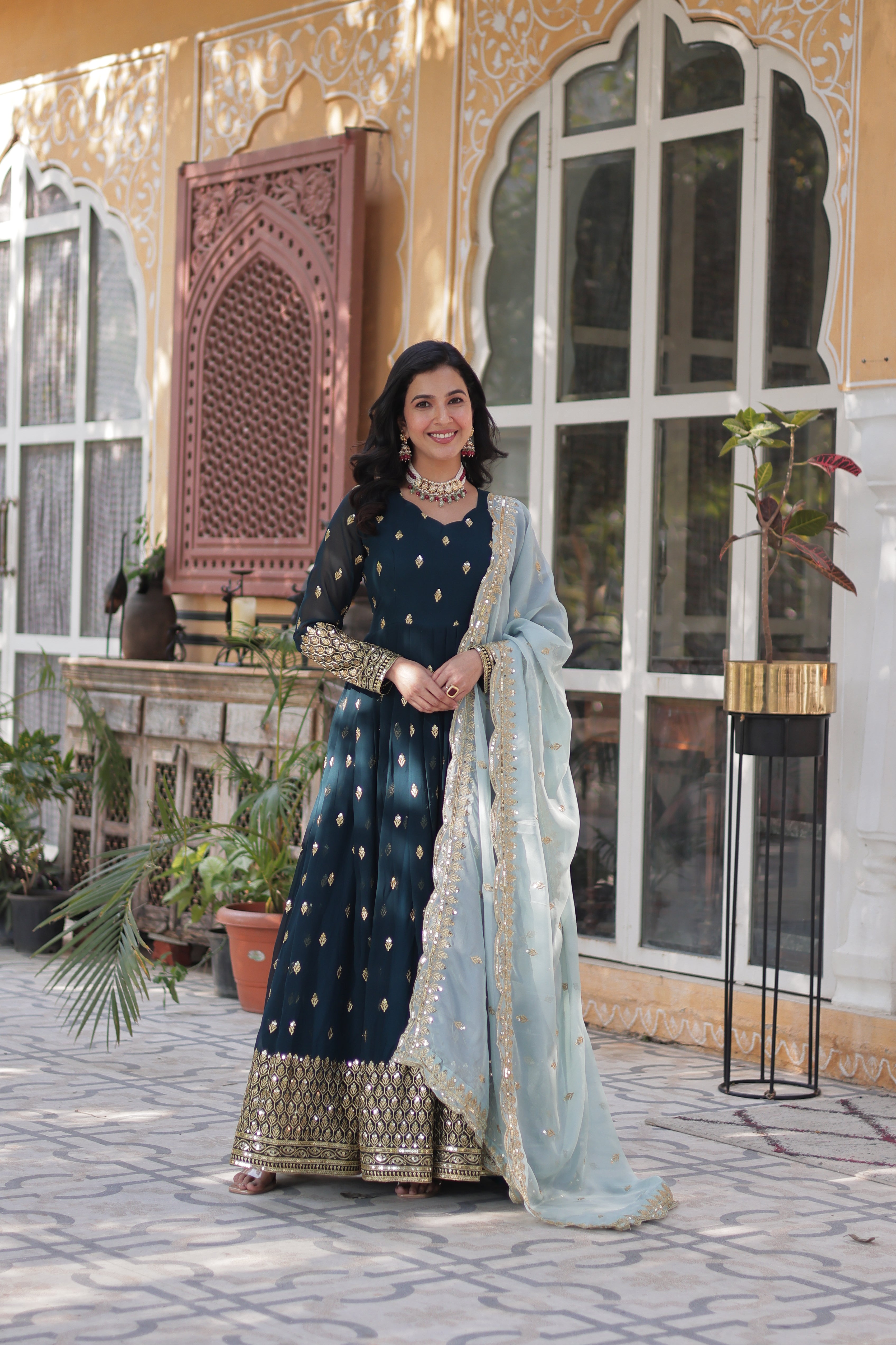 Premium Blue Designer Readymade Zari Gown