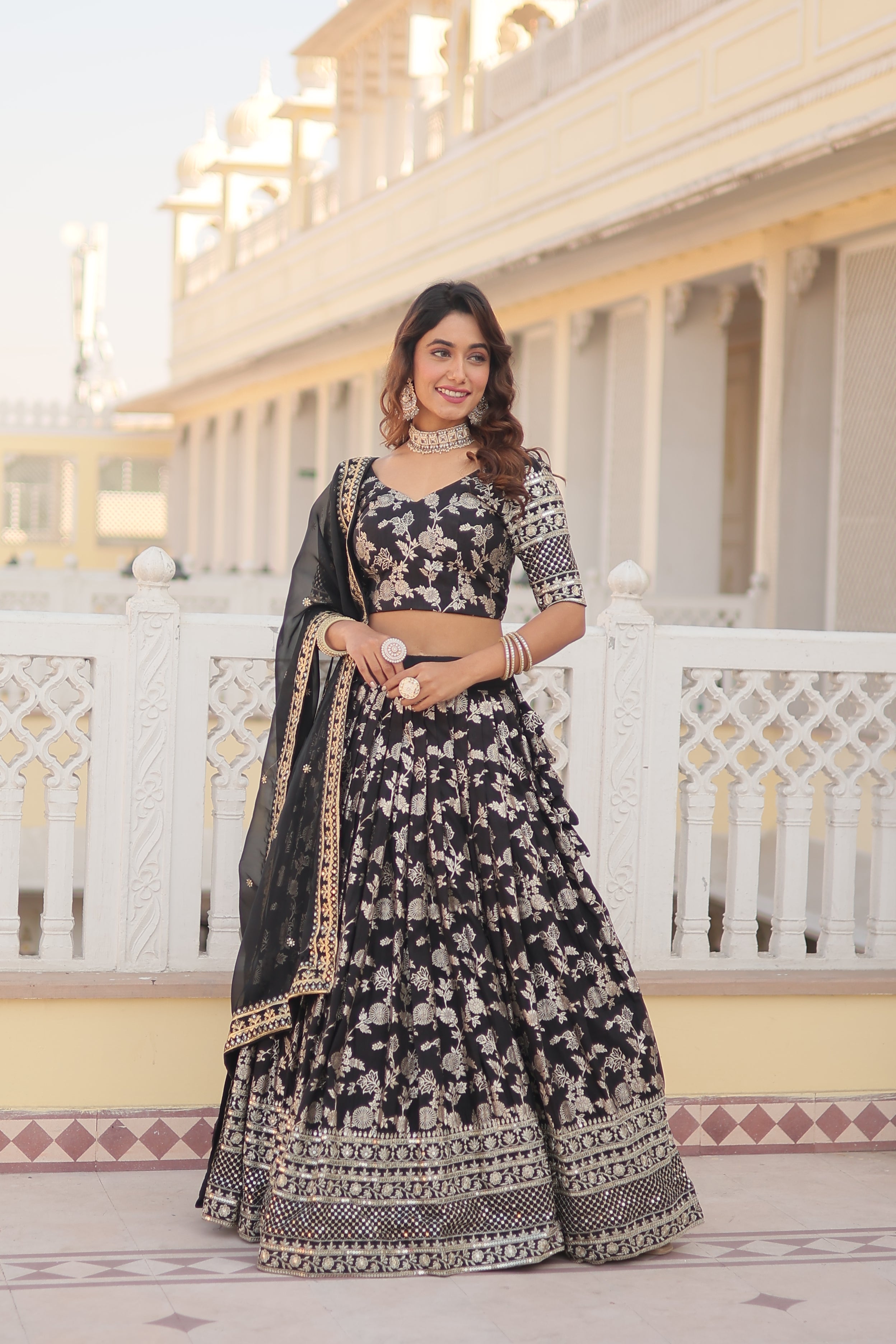 black lehanga set, embroidered lehanga, muktansh