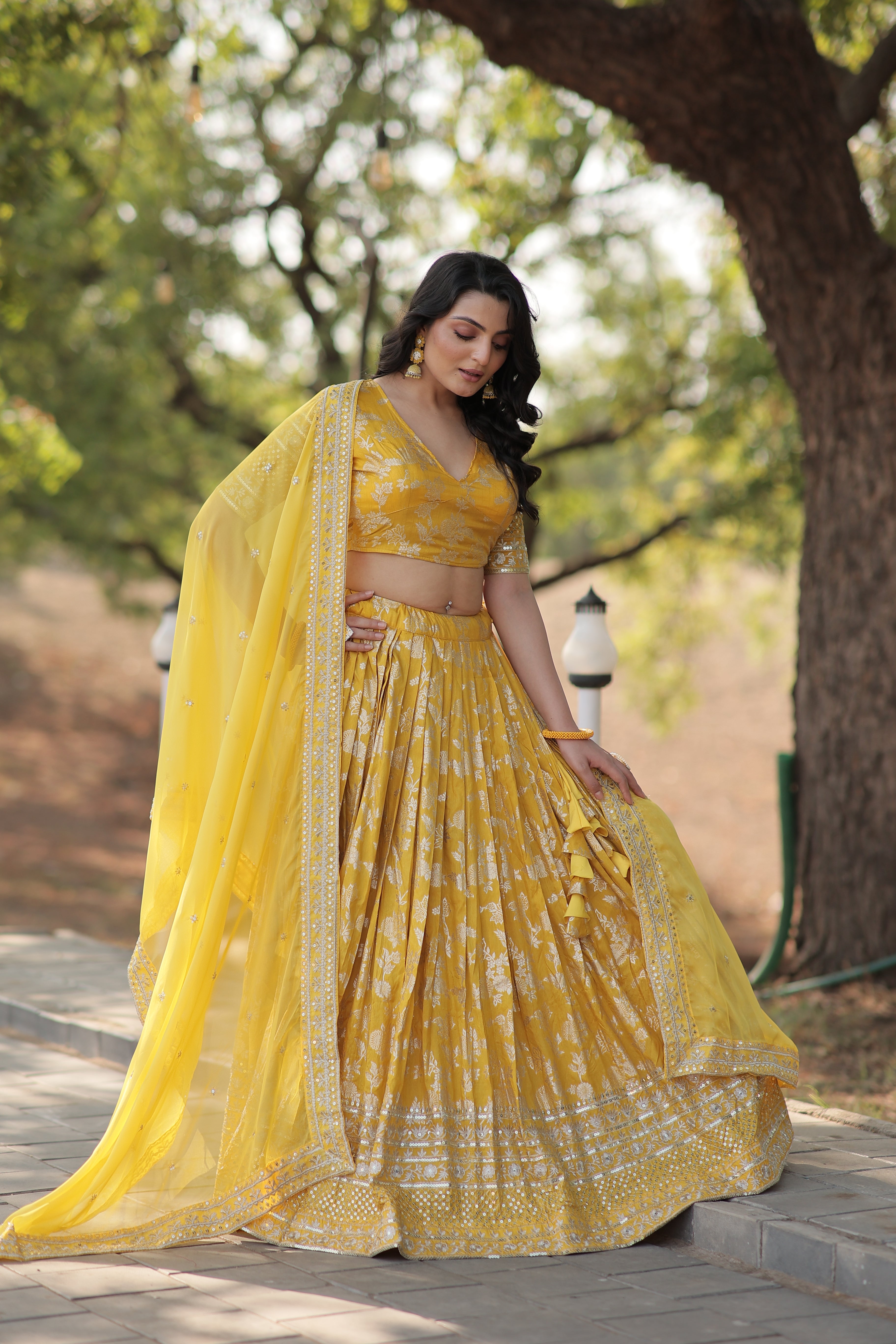 Yellow Designer Dyeable Pure Viscose Jacquard fabric Lehenga Choli & Dupatta Set
