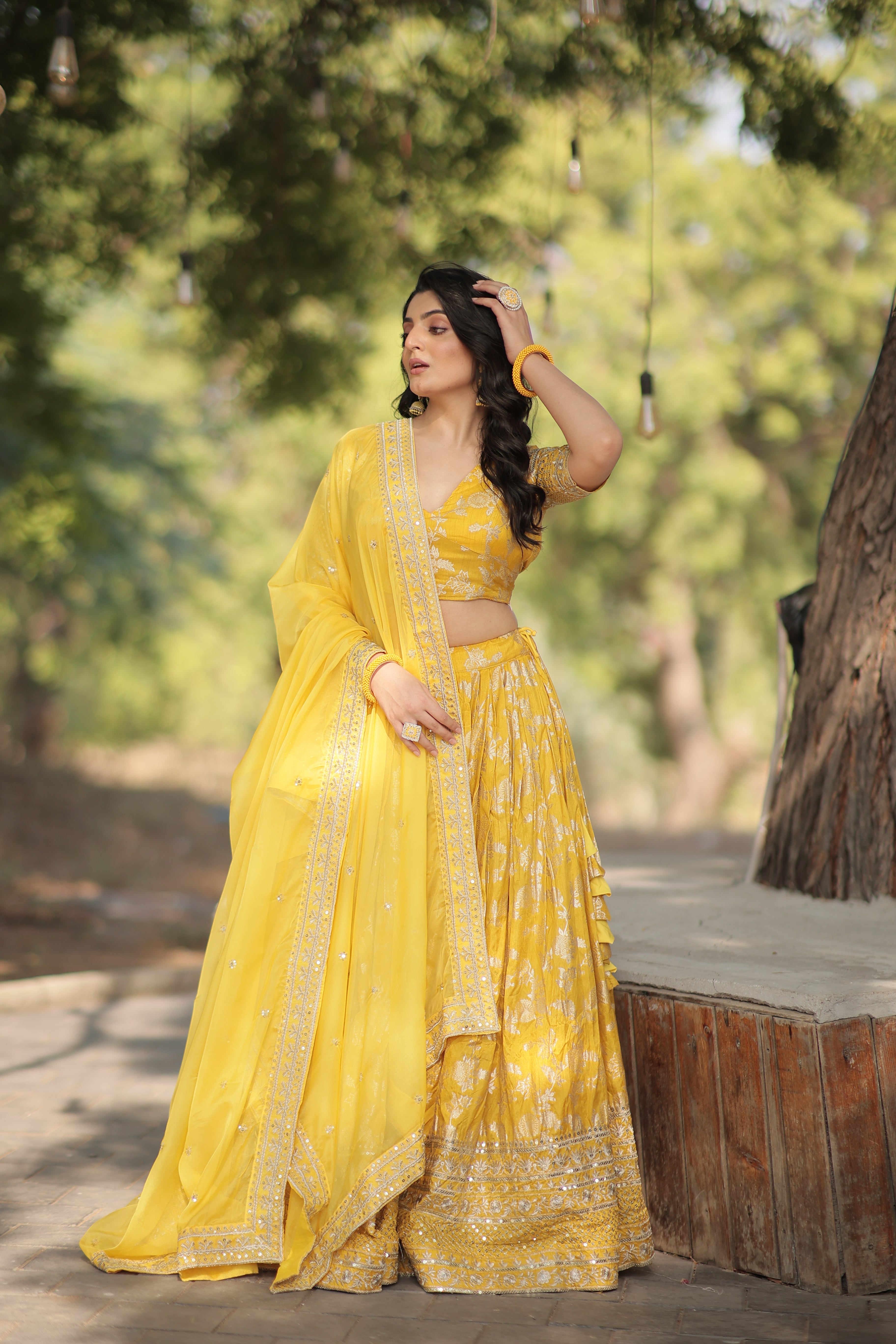 Yellow Designer Dyeable Pure Viscose Jacquard fabric Lehenga Choli & Dupatta Set