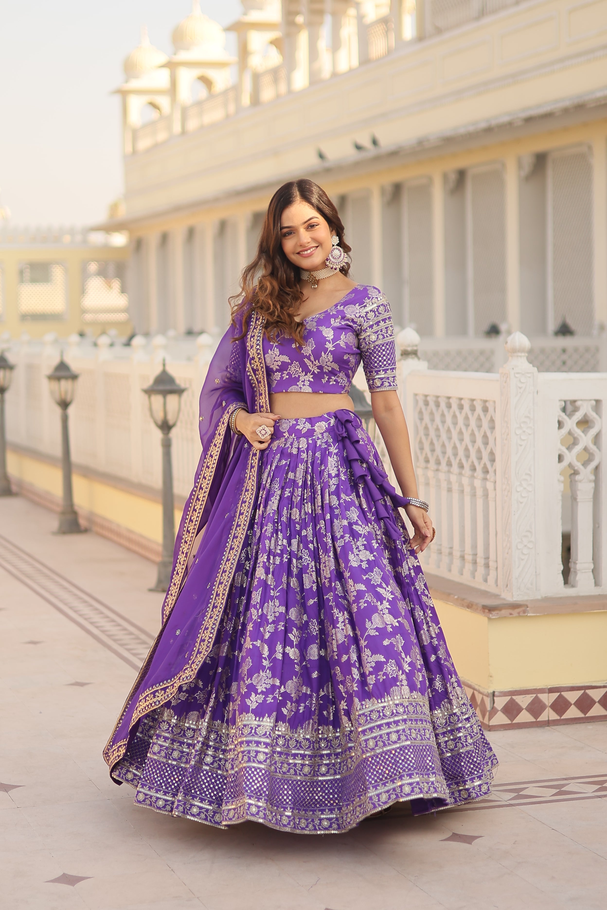 Purple Designer Dyeable Pure Viscose Jacquard fabric Lehenga Choli & Dupatta Set