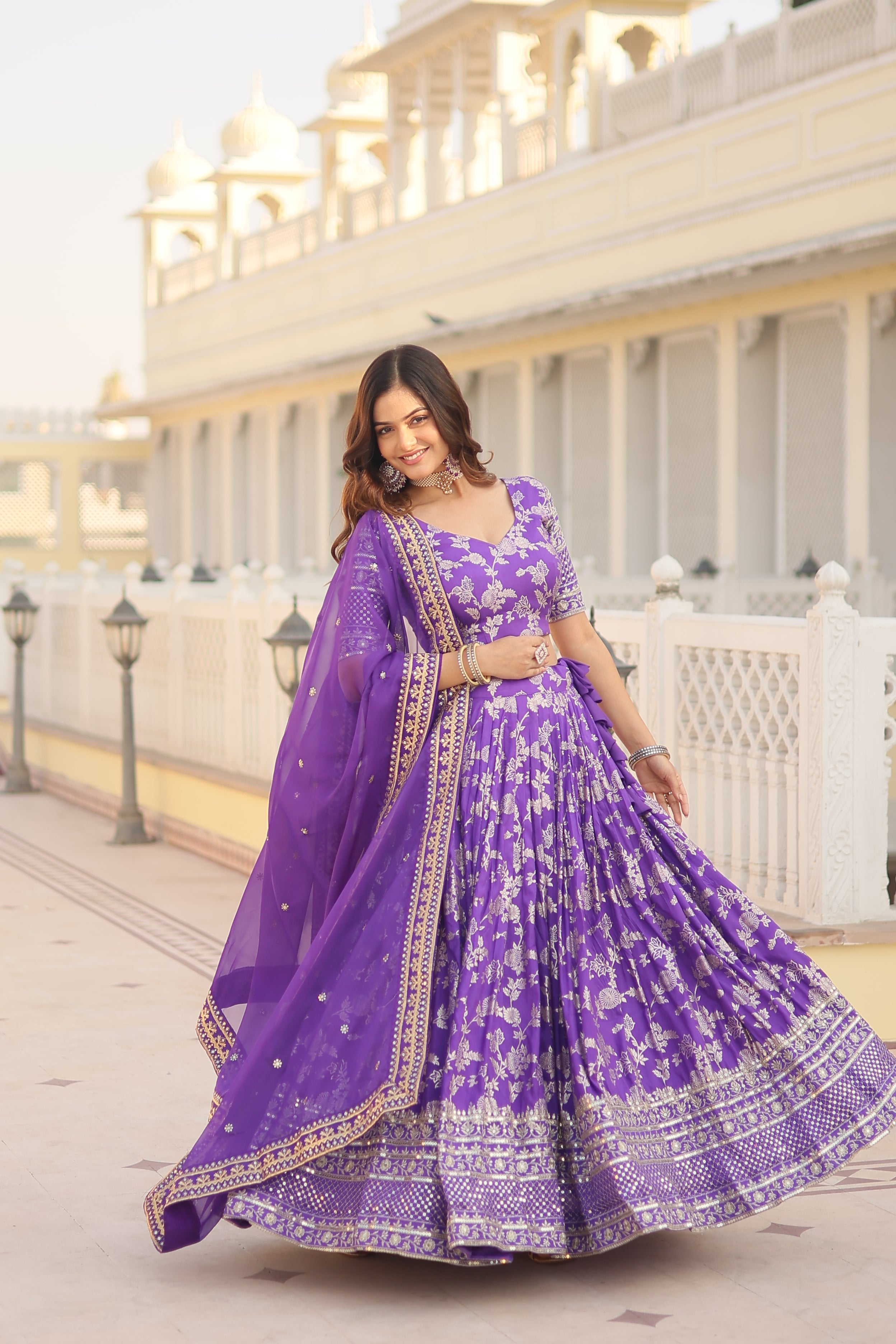 Purple Designer Dyeable Pure Viscose Jacquard fabric Lehenga Choli & Dupatta Set