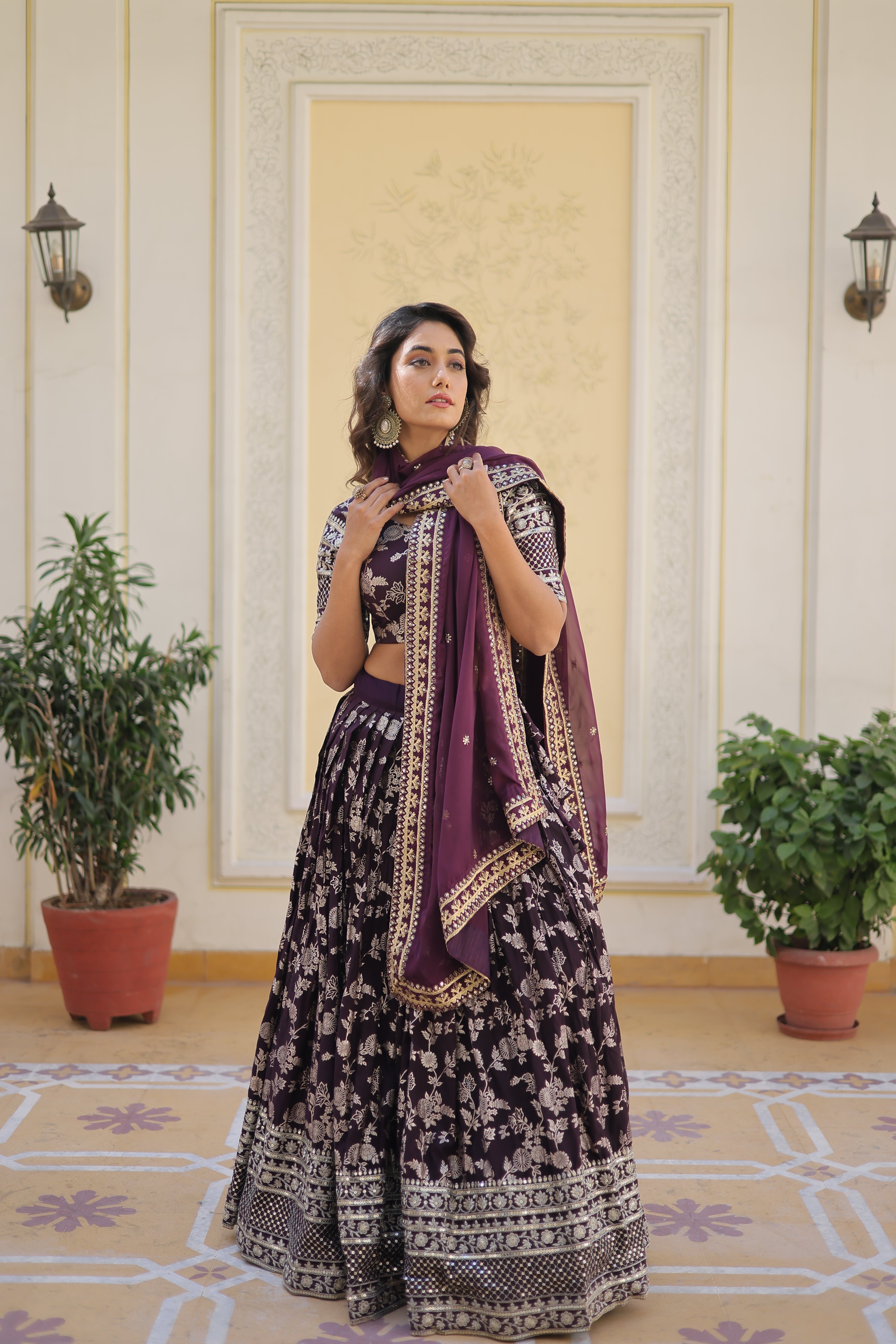 Wine Designer Dyeable Pure Viscose Jacquard fabric Lehenga Choli & Dupatta Set