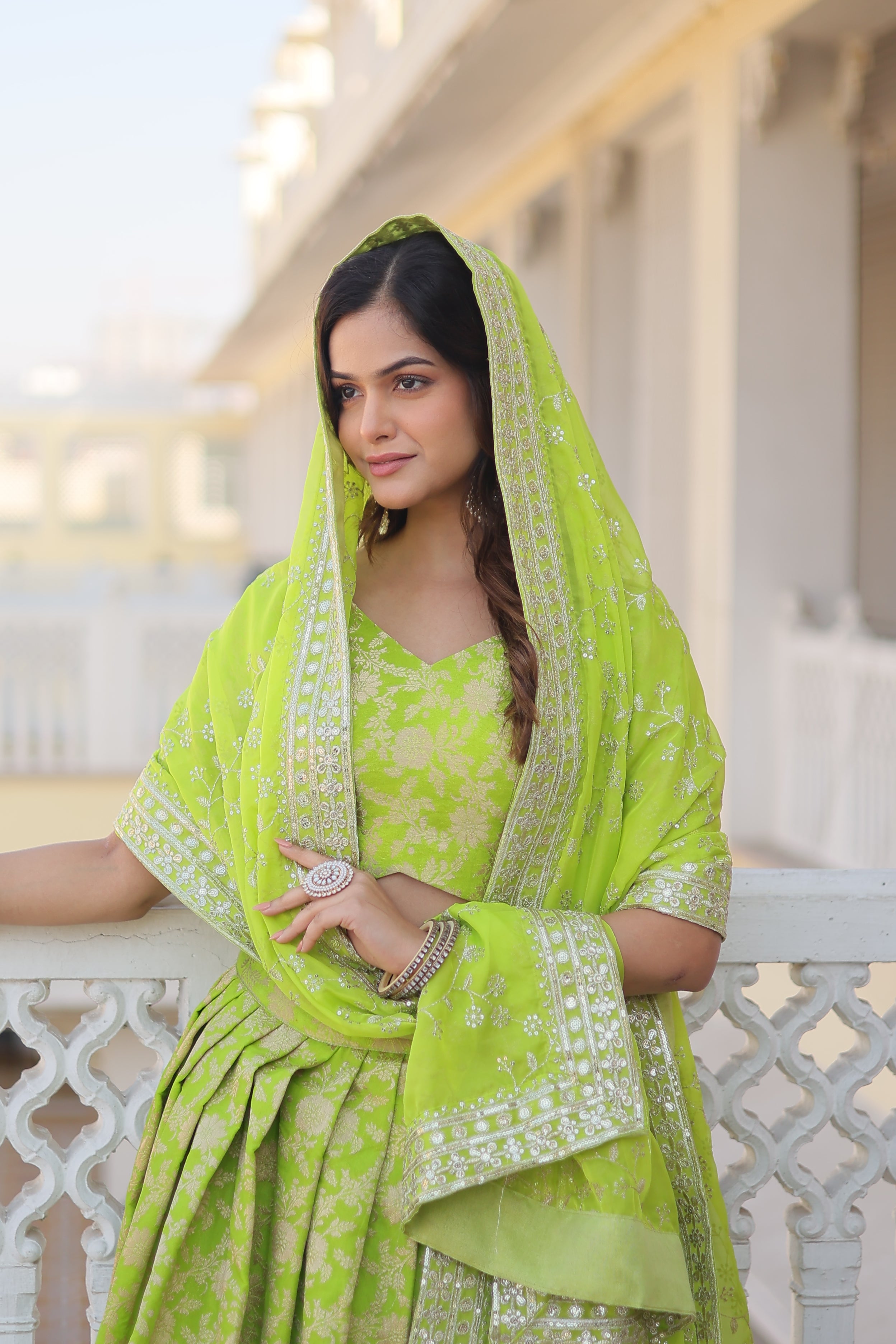 Dyeable Pure Viscose Jacquard fabric Lehenga Choli & Dupatta Set