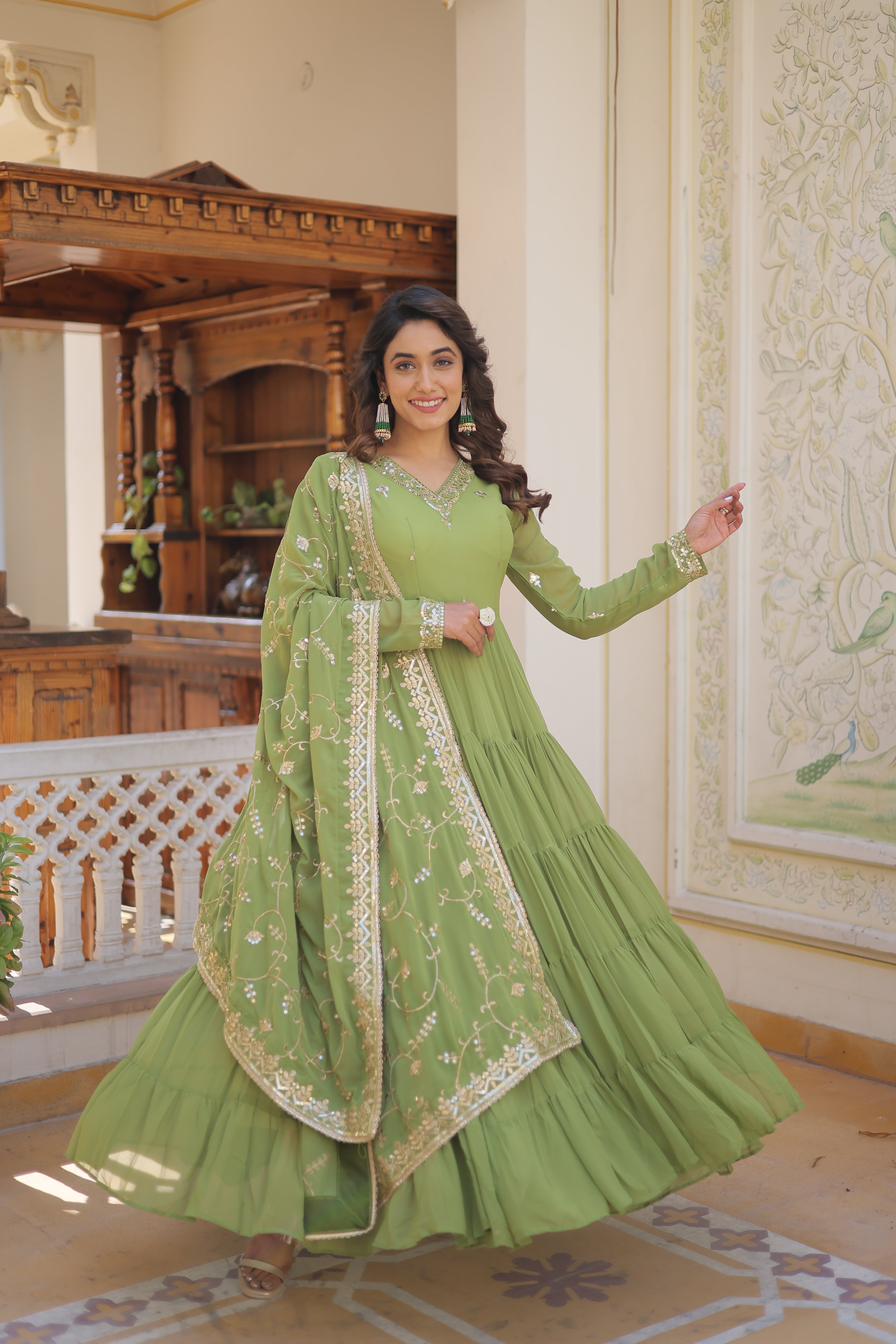 Green Women's Designer Gown With Dupatta Sets