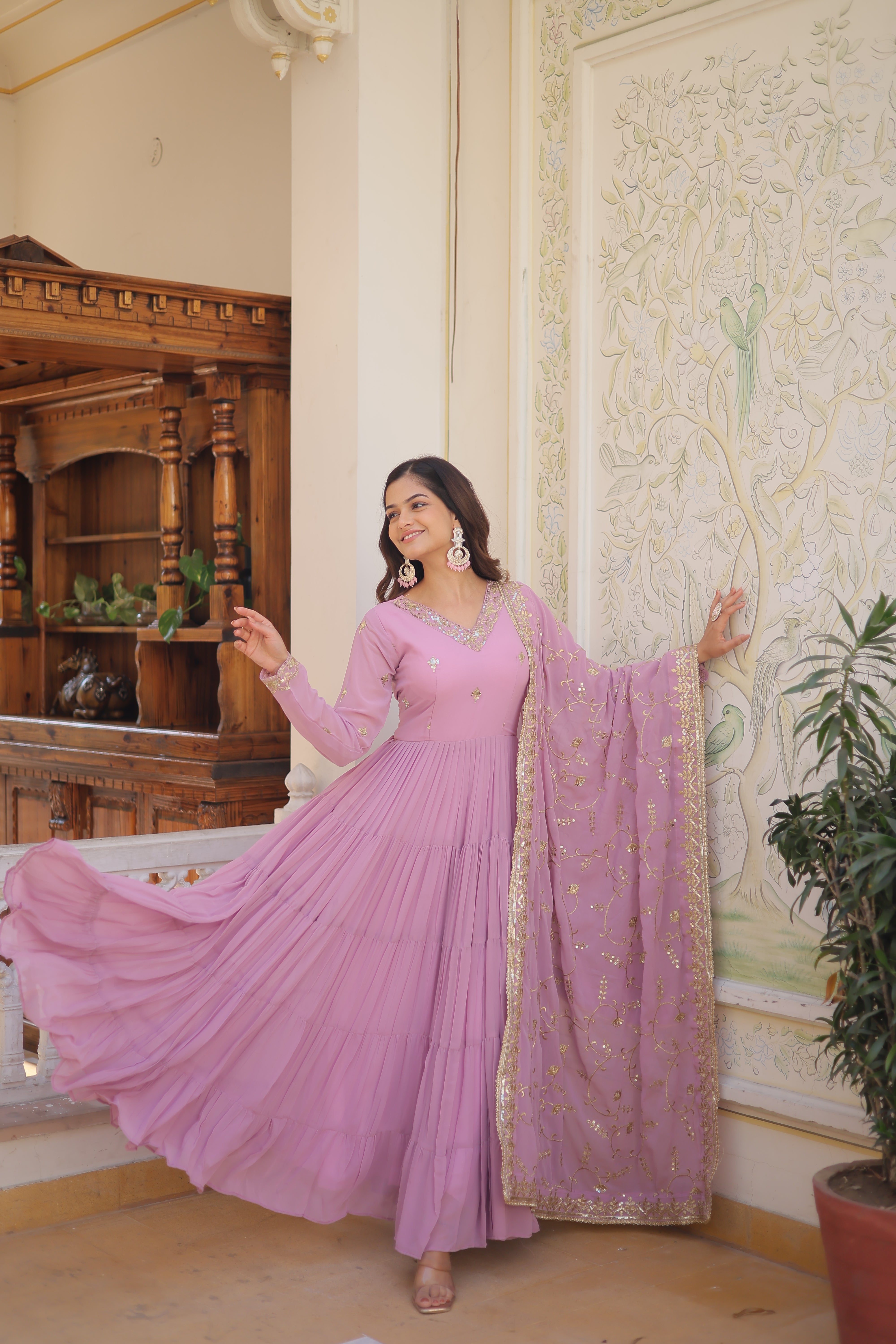 Purple Women's Designer Gown With Dupatta Sets