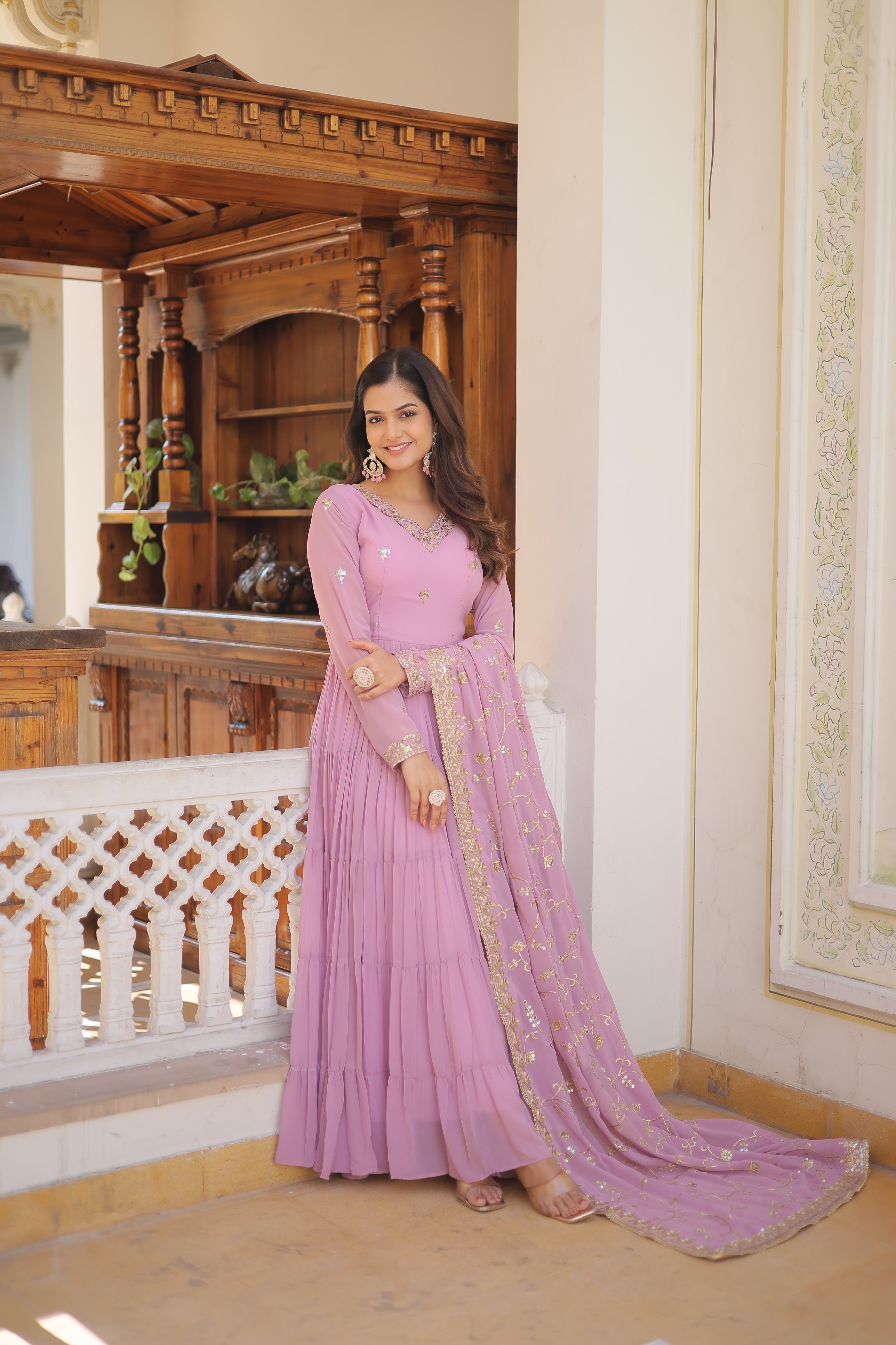 Purple Women's Designer Gown With Dupatta Sets