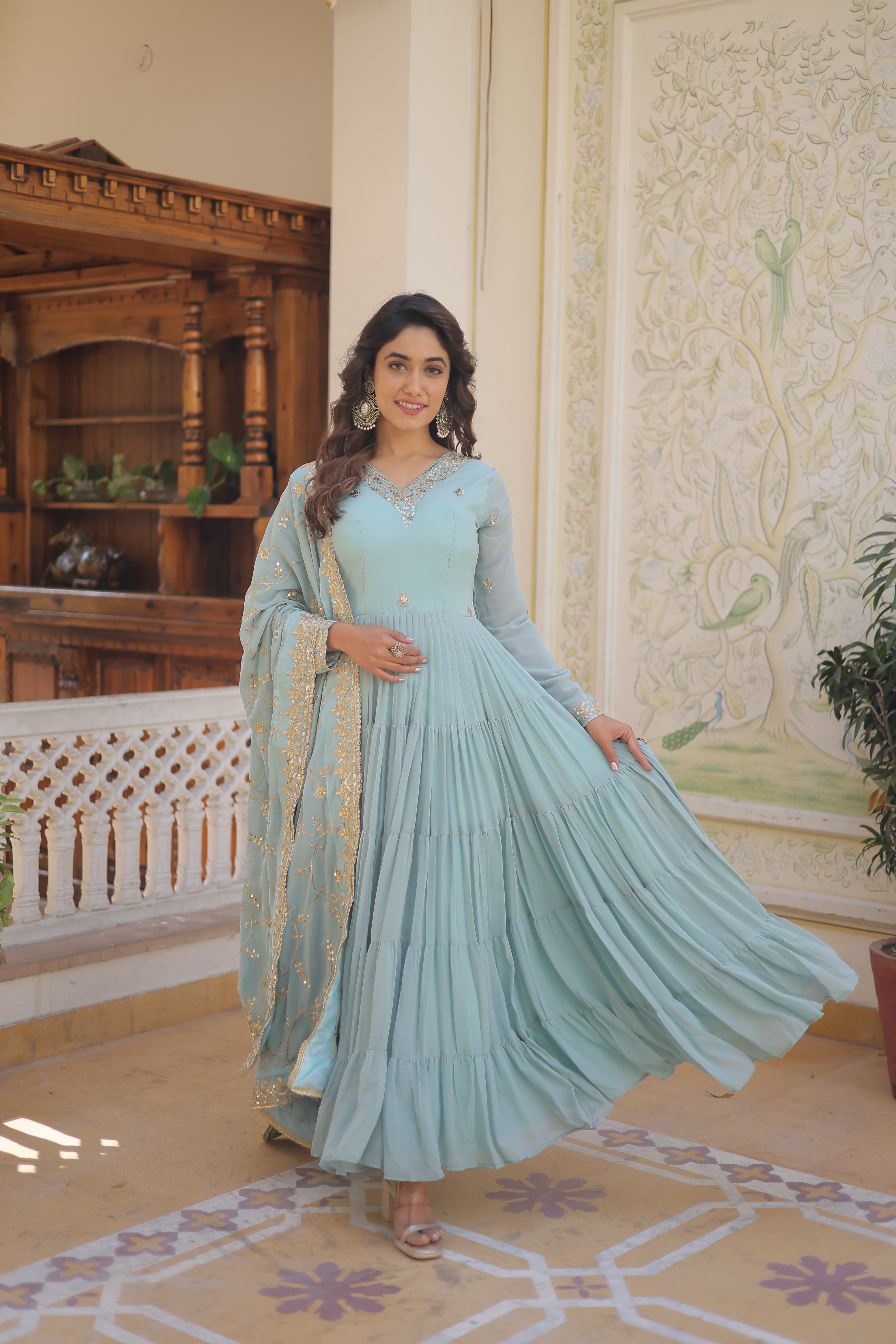 Sky Women's Designer Gown With Dupatta Sets