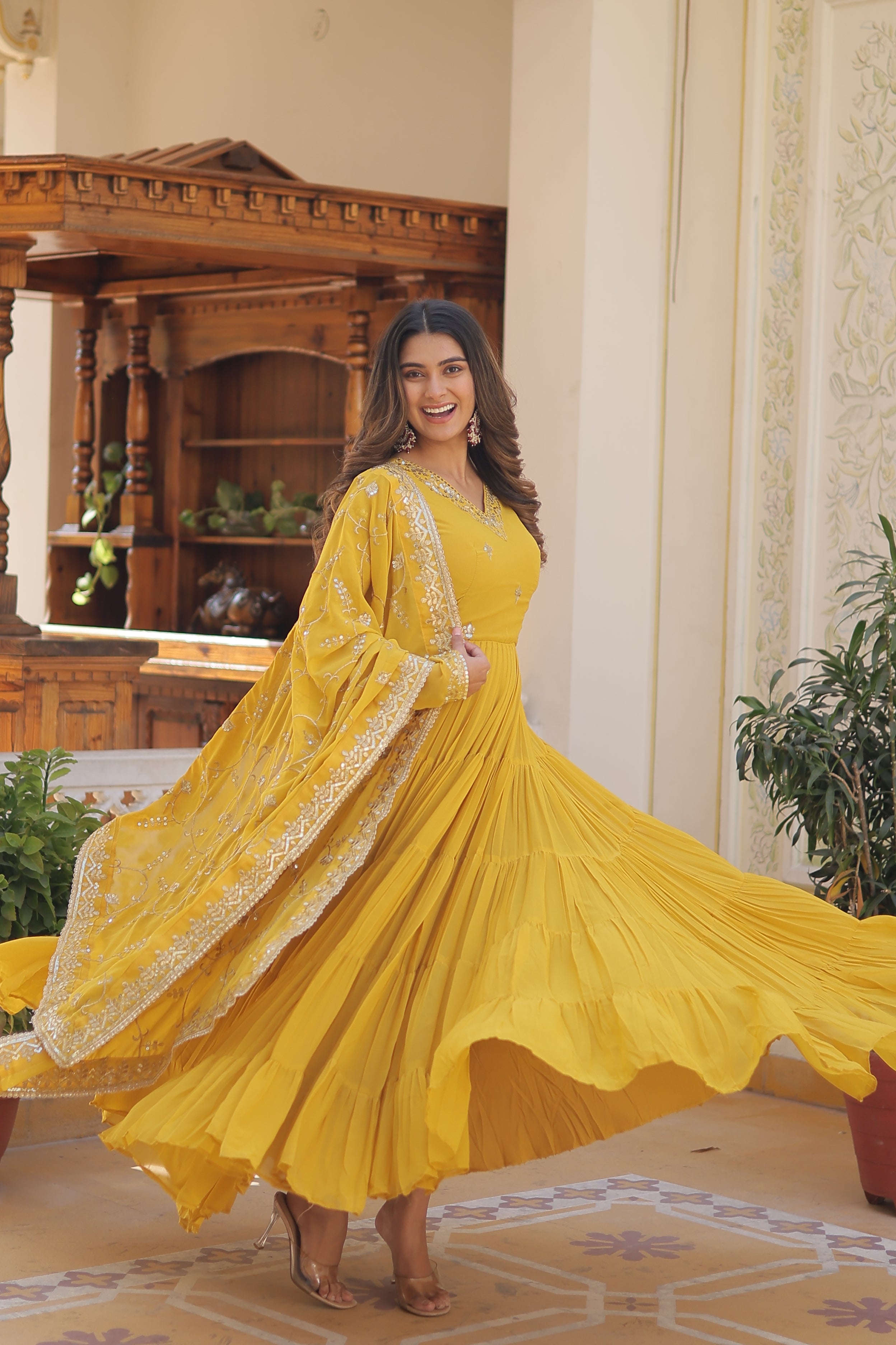 Yellow Women's Designer Gown With Dupatta Sets
