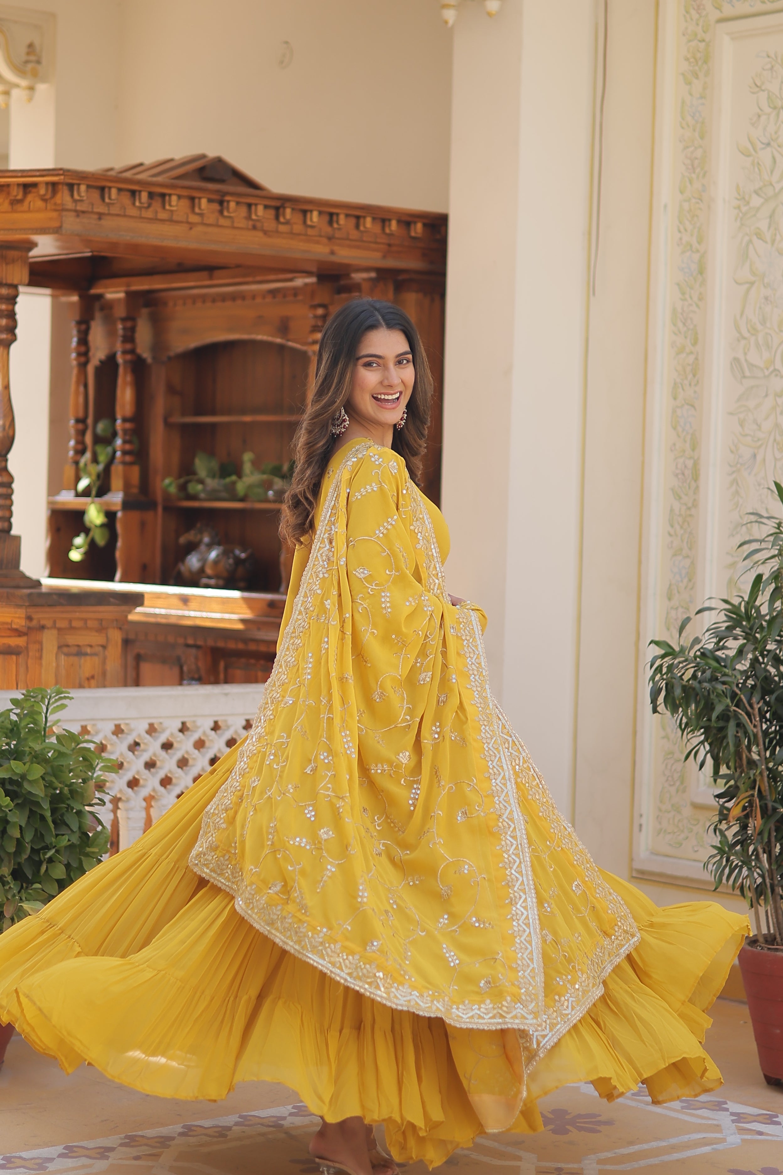 Yellow Women's Designer Gown With Dupatta Sets
