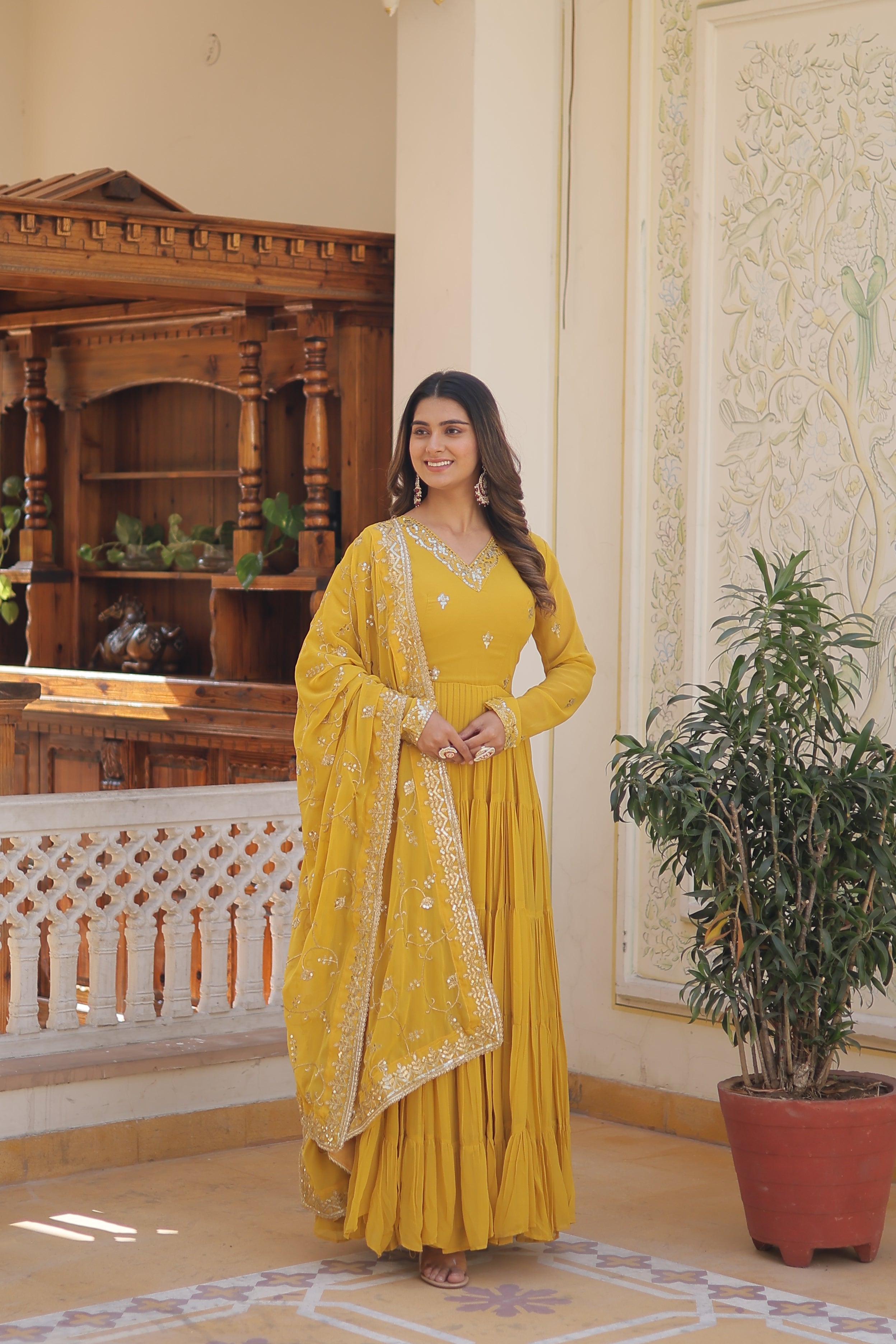 Yellow Women's Designer Gown With Dupatta Sets