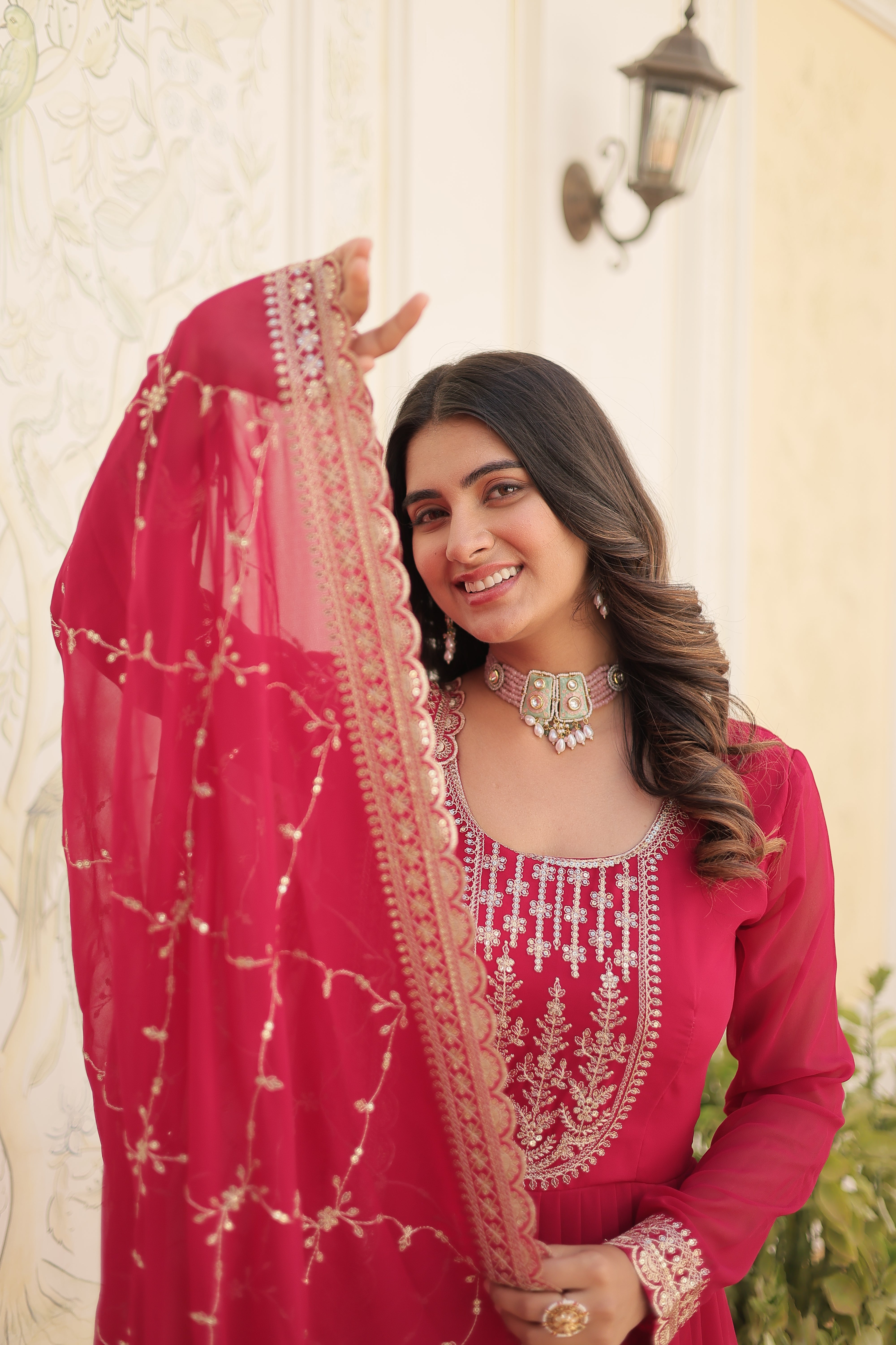 Pink Faux Blooming Gown With Embroidered Dupatta